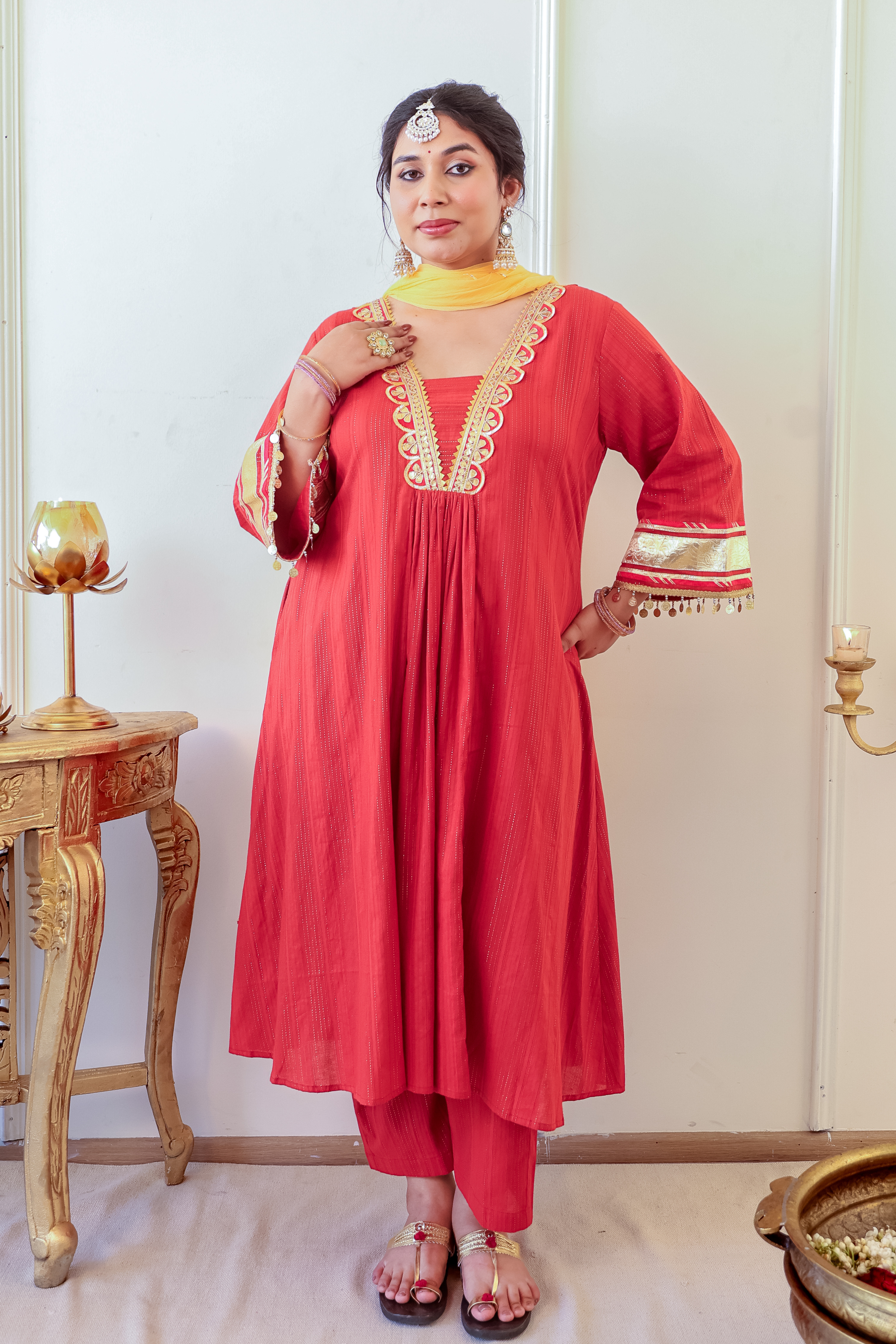 Regal Rust Red Kurta Set with Gota Detailing