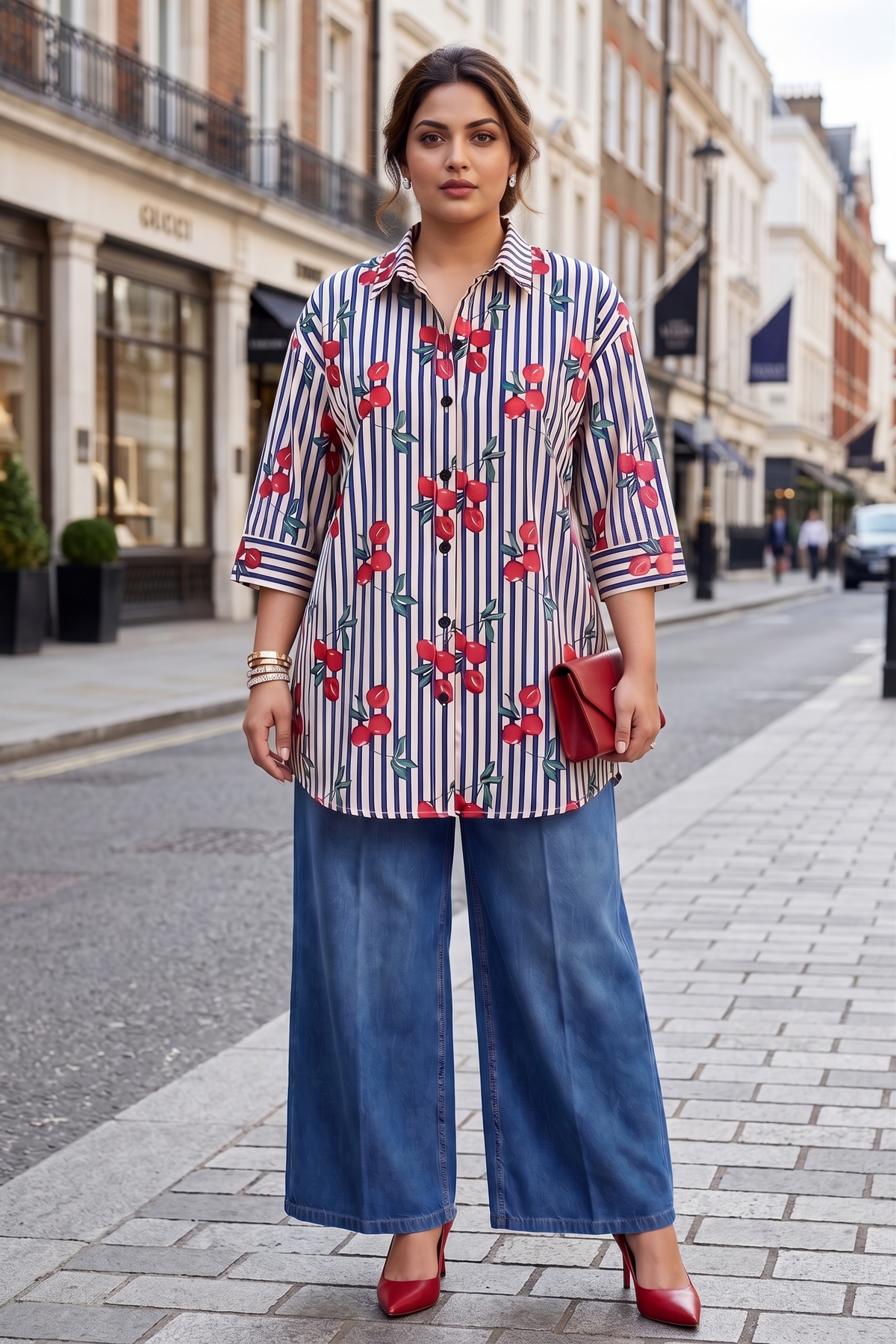 Plus Size White Printed Cotton Shirt for Women | Cherry & Striped Collared Shirt