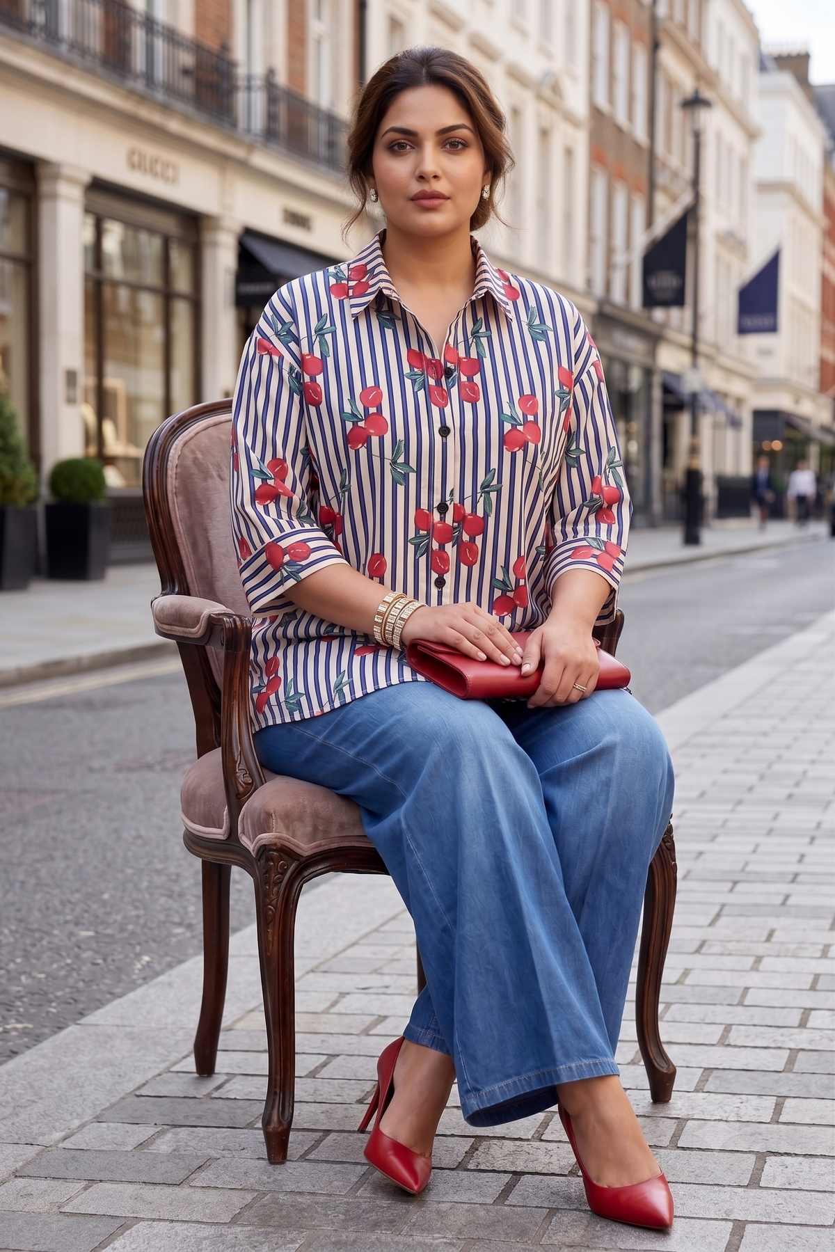 Plus Size White Printed Cotton Shirt for Women | Cherry & Striped Collared Shirt