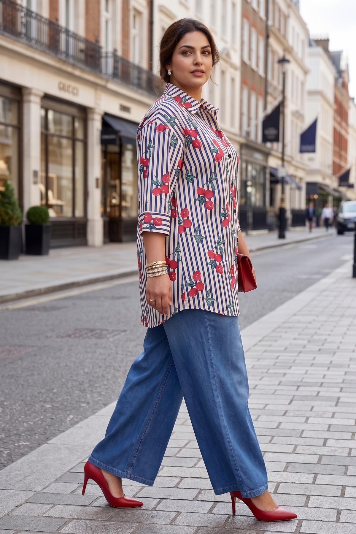 Plus Size White Printed Cotton Shirt for Women | Cherry & Striped Collared Shirt