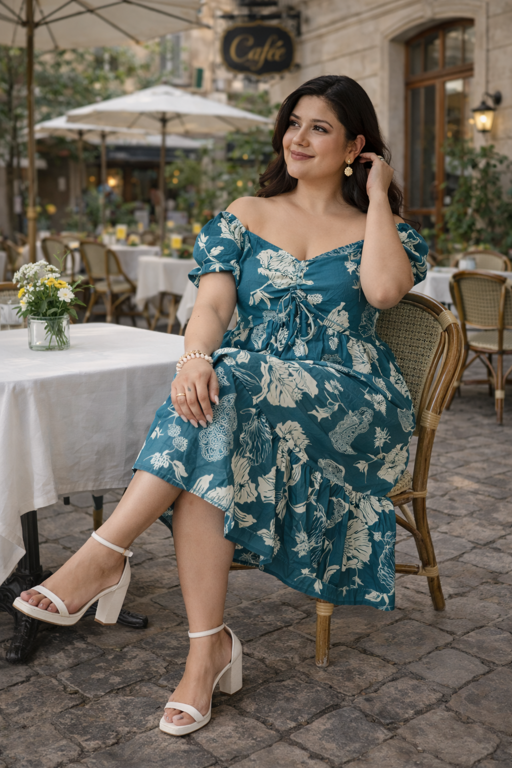 Teal Blue Floral Print Cotton Midi Dress with Drawstring