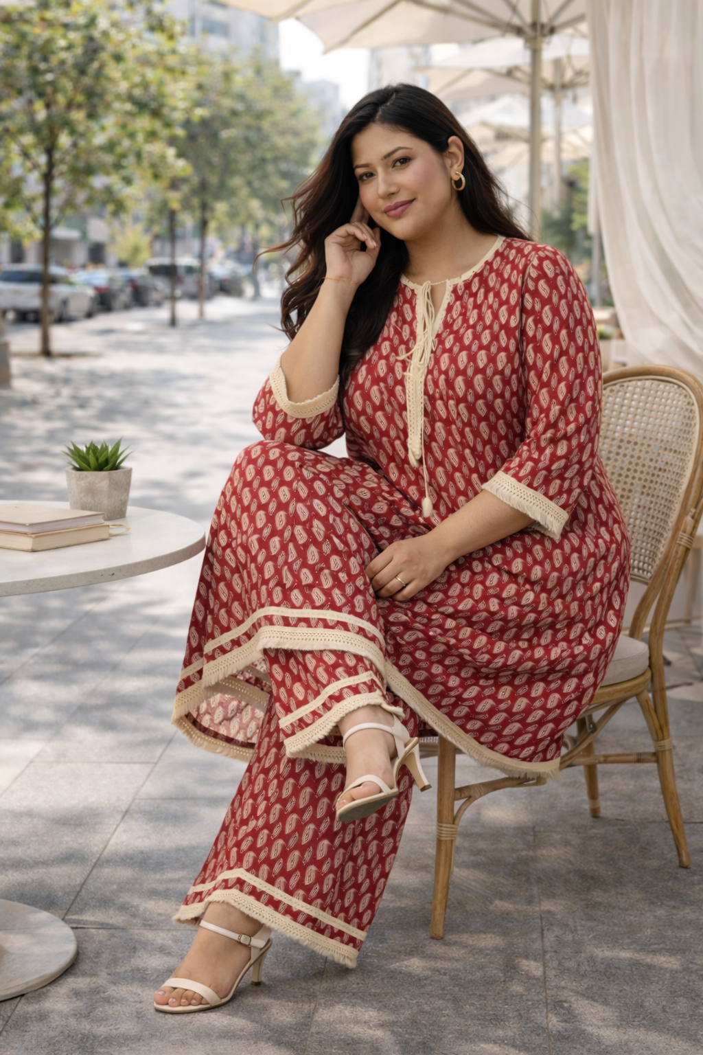 Red Boho Co-ord Set With Fringe Detailing