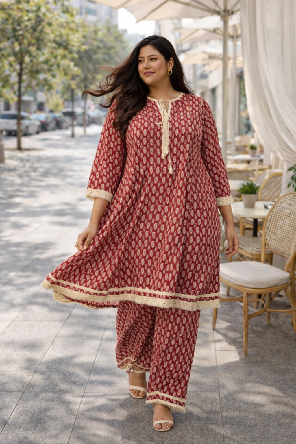 Red Boho Co-ord Set With Fringe Detailing