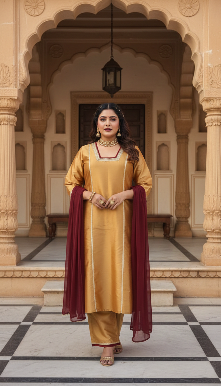 Plus Size Mustard Golden Silk Kurta, Pants & Dupatta Set for Women