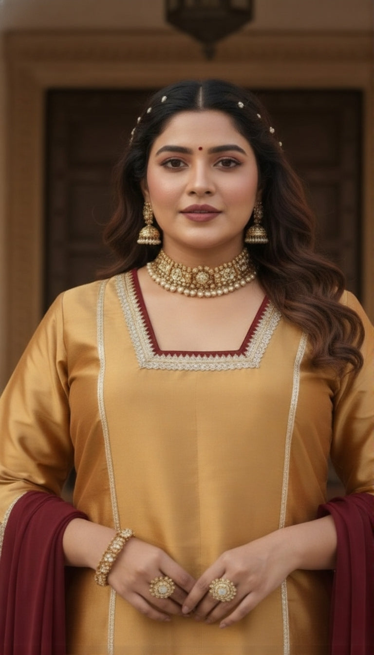 Plus Size Mustard Golden Silk Kurta, Pants & Dupatta Set for Women