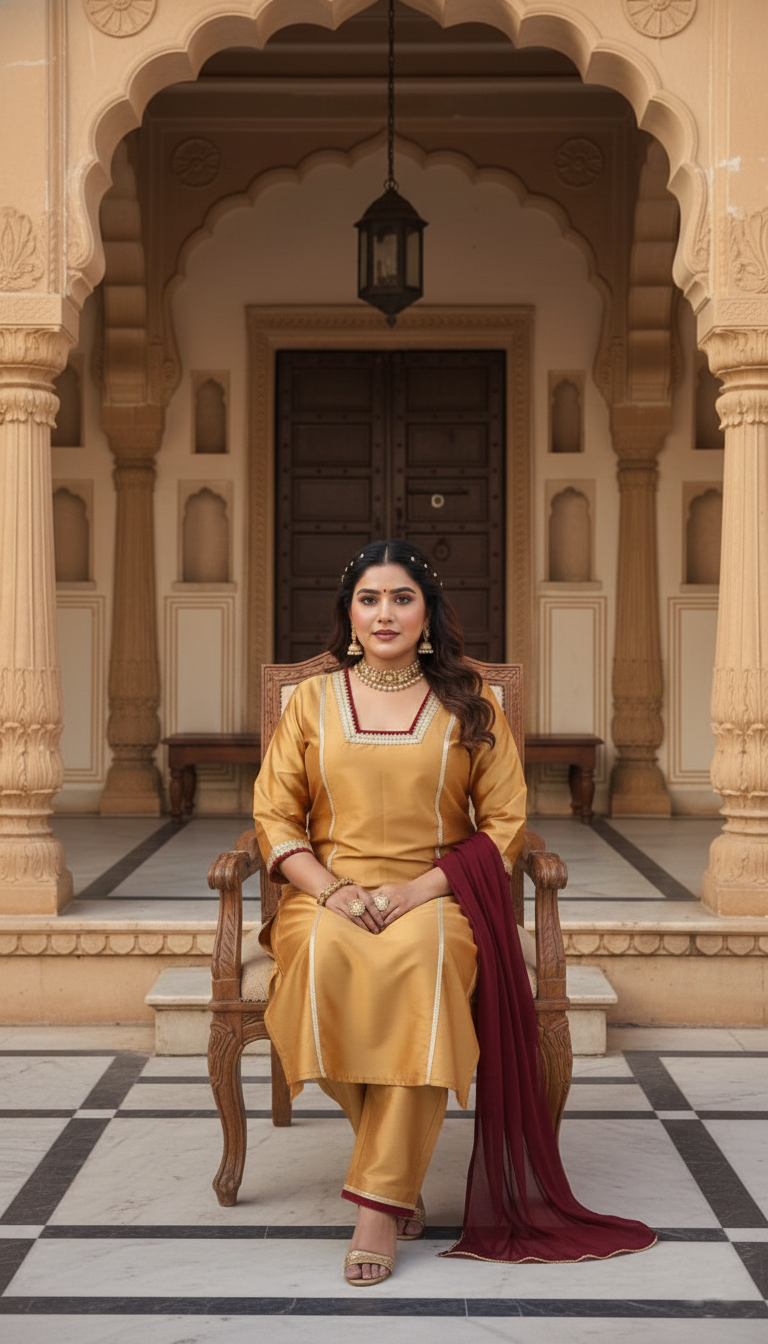 Plus Size Mustard Golden Silk Kurta, Pants & Dupatta Set for Women