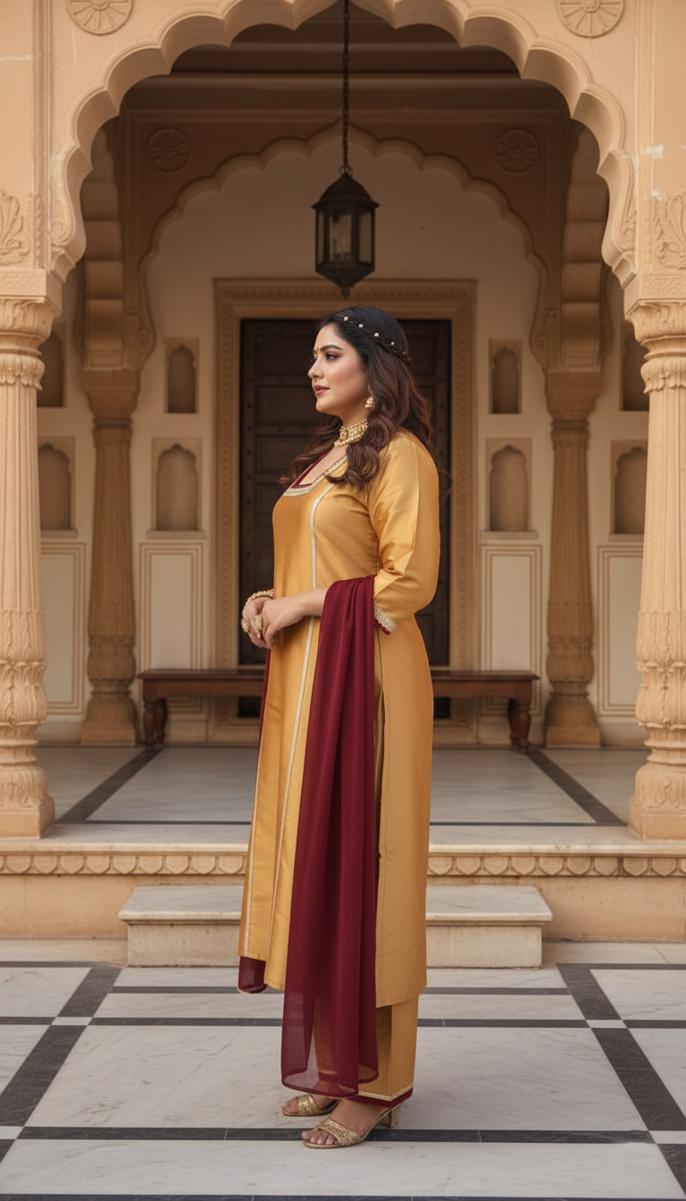 Plus Size Mustard Golden Silk Kurta, Pants & Dupatta Set for Women
