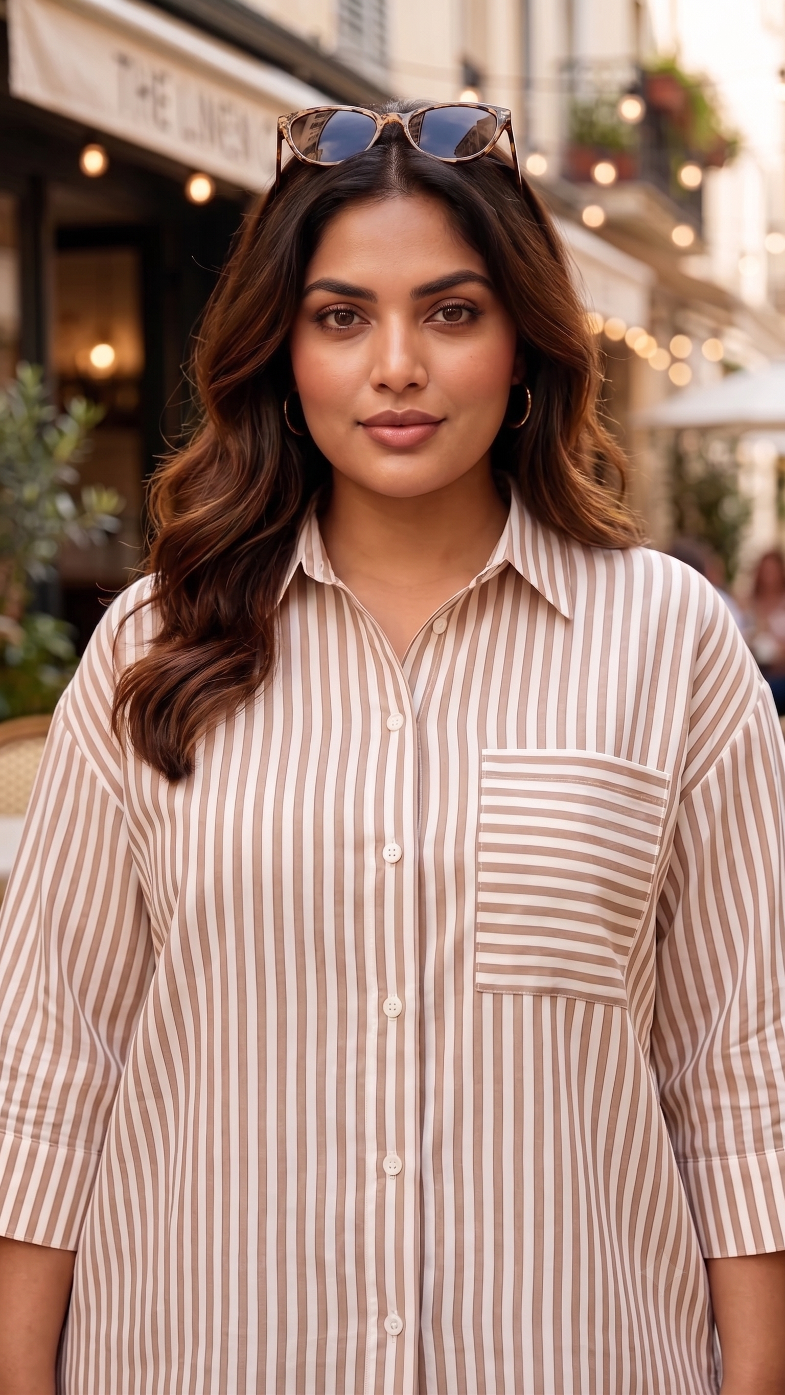 Plus Size Golden Striped Cotton Shirt – Relaxed Fit Button-Down Casual Shirt for Women