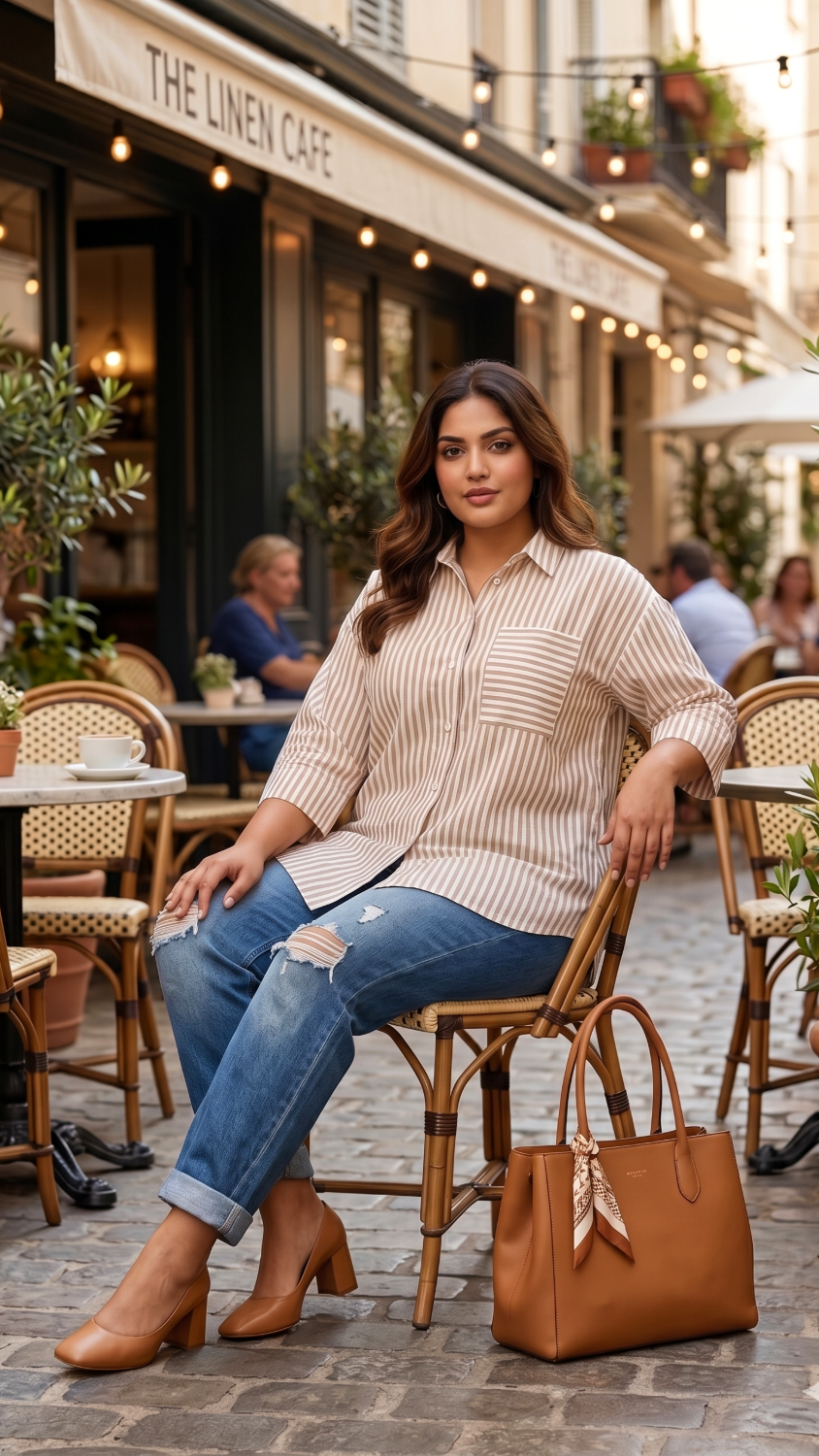 Plus Size Golden Striped Cotton Shirt – Relaxed Fit Button-Down Casual Shirt for Women