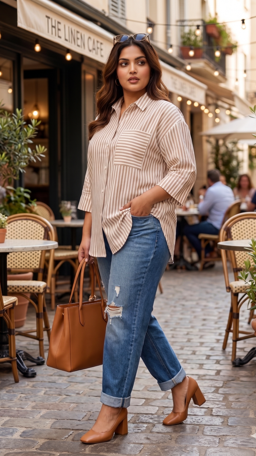 Plus Size Golden Striped Cotton Shirt – Relaxed Fit Button-Down Casual Shirt for Women