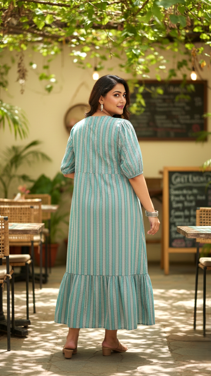 Teal Blue Tiered Striped Midi Dress