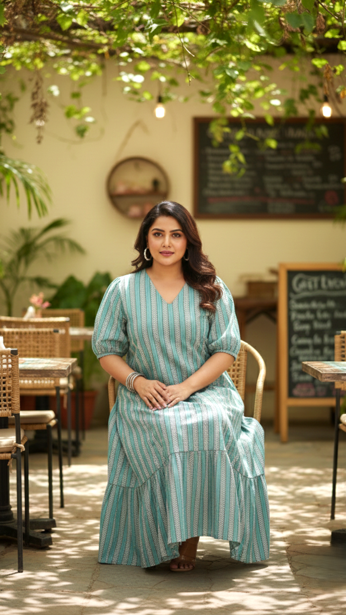 Teal Blue Tiered Striped Midi Dress