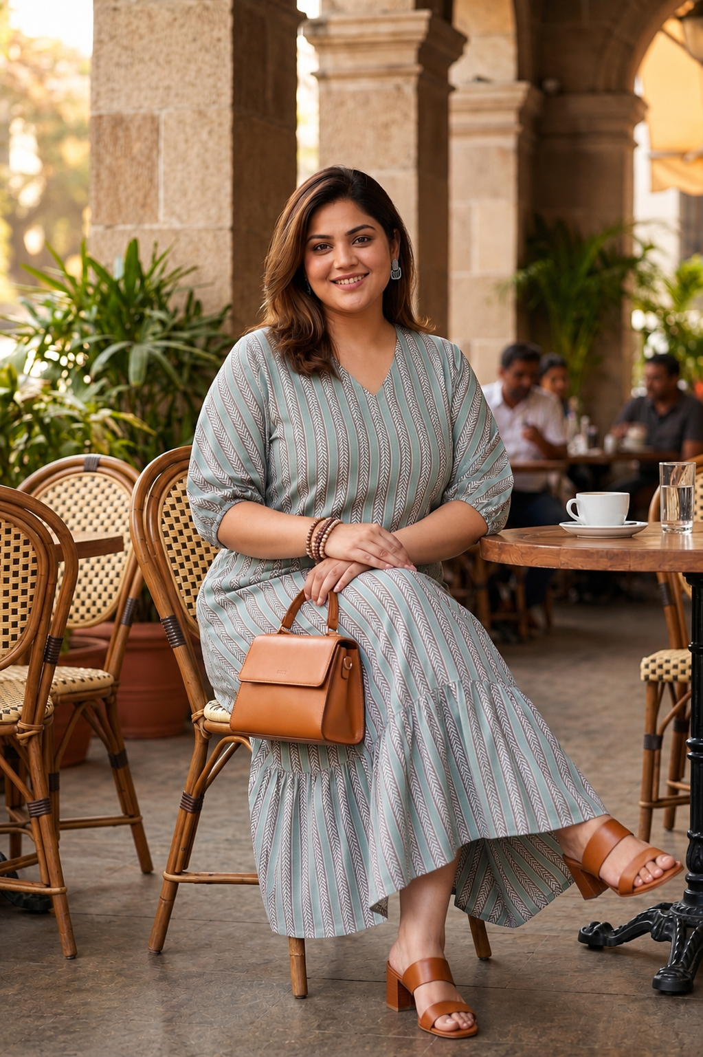 Teal Blue Striped Cotton Midi Dress
