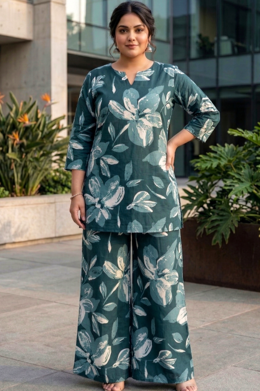 Plus Size Cotton Printed Cord Set – Floral Print Co-ord Set (Green)