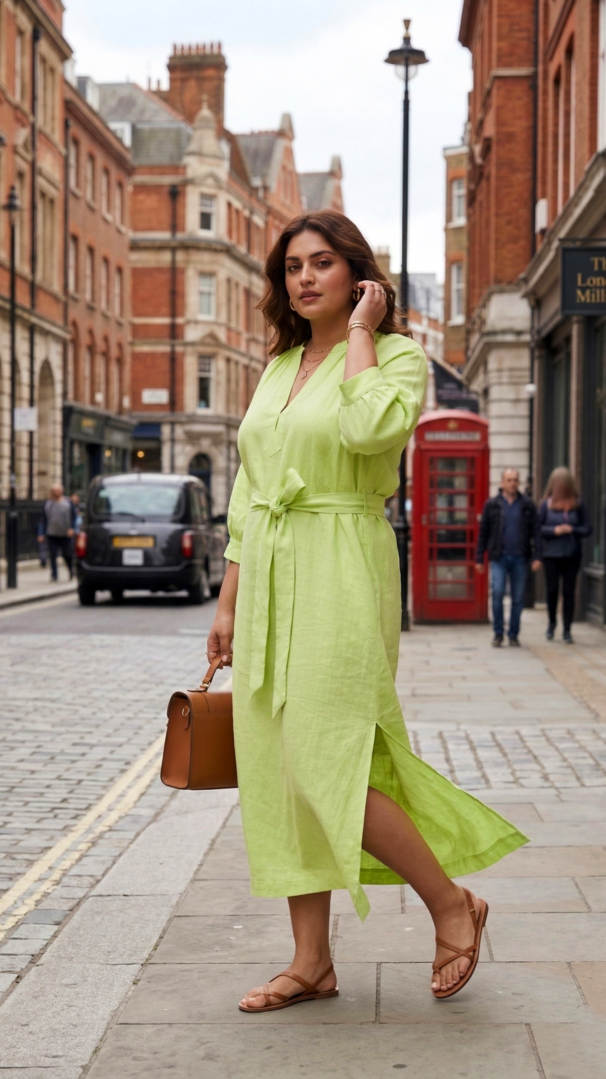 Plus Size Modal Fabric Midi Dress for Women – Soft Luxe Belted Casual Dress (Lime Green)