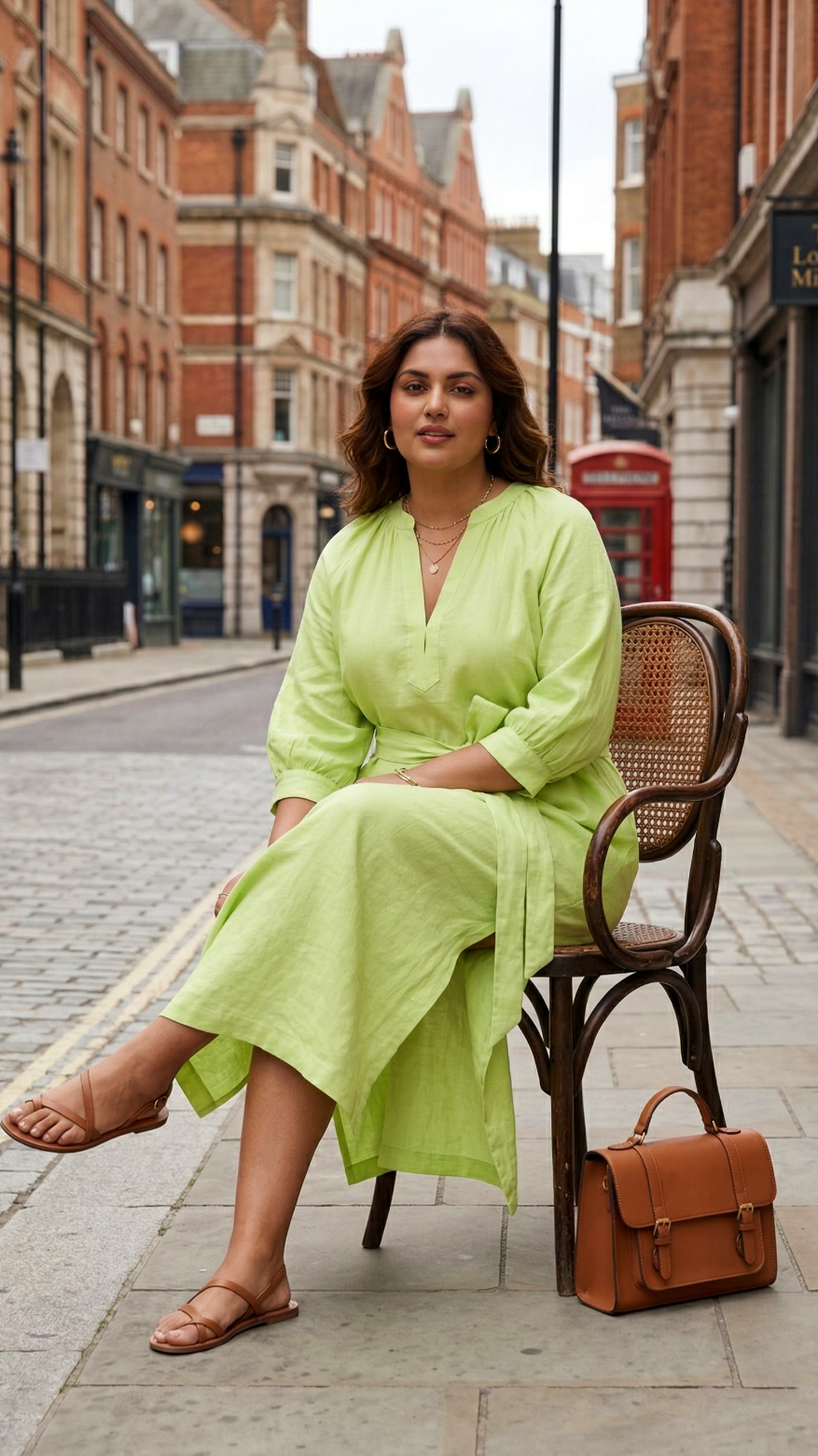 Plus Size Modal Fabric Midi Dress for Women – Soft Luxe Belted Casual Dress (Lime Green)