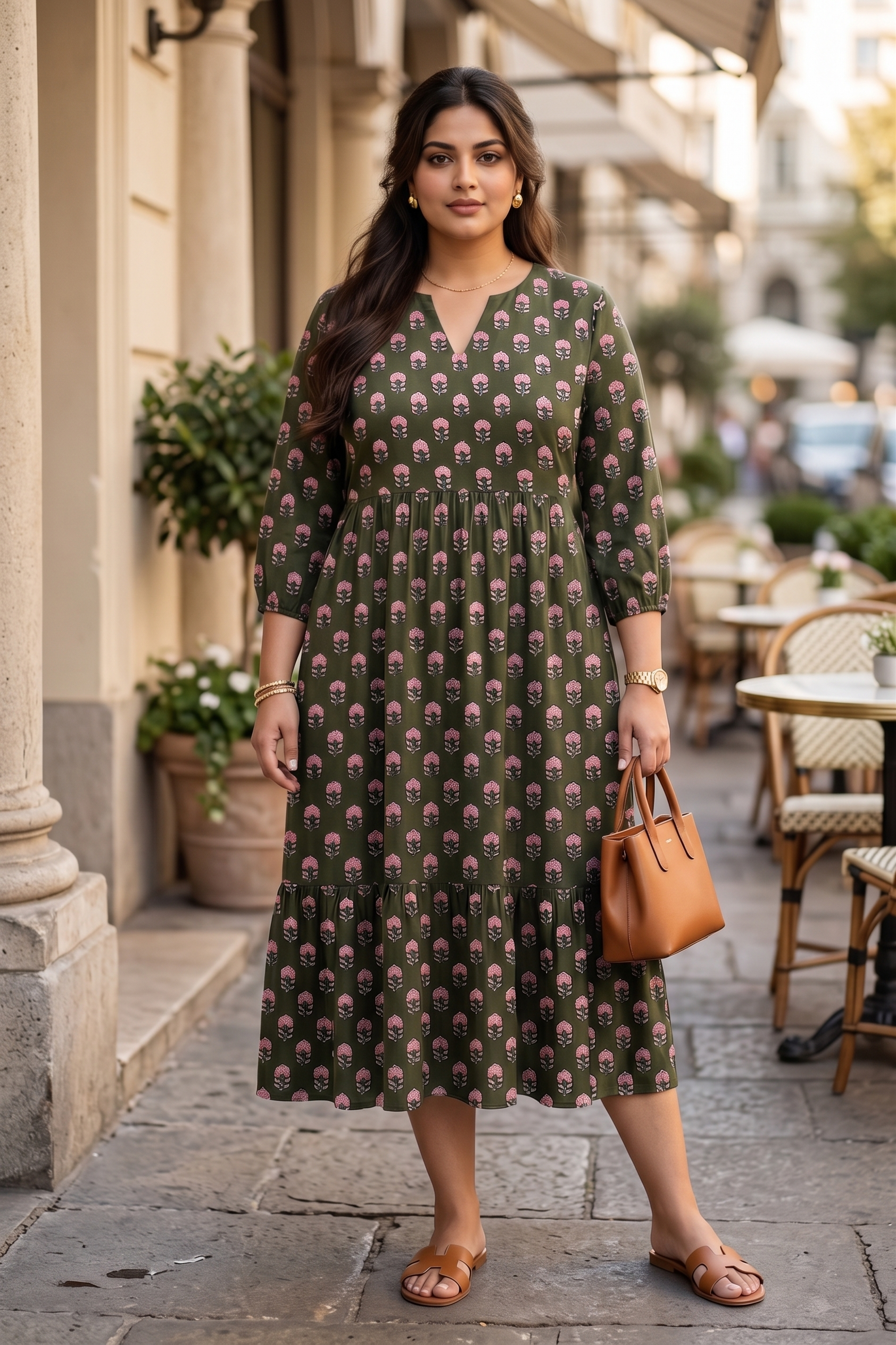 Plus Size Olive Green Floral Printed Cotton Tiered Dress for Women | V-Neck Midi Dress
