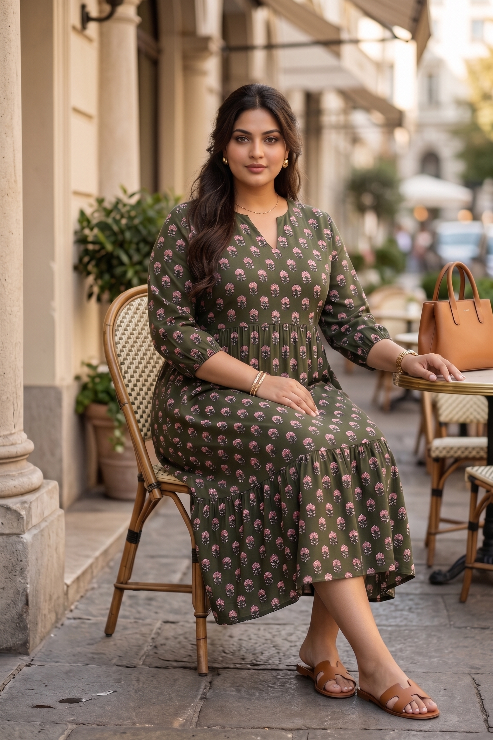 Plus Size Olive Green Floral Printed Cotton Tiered Dress for Women | V-Neck Midi Dress