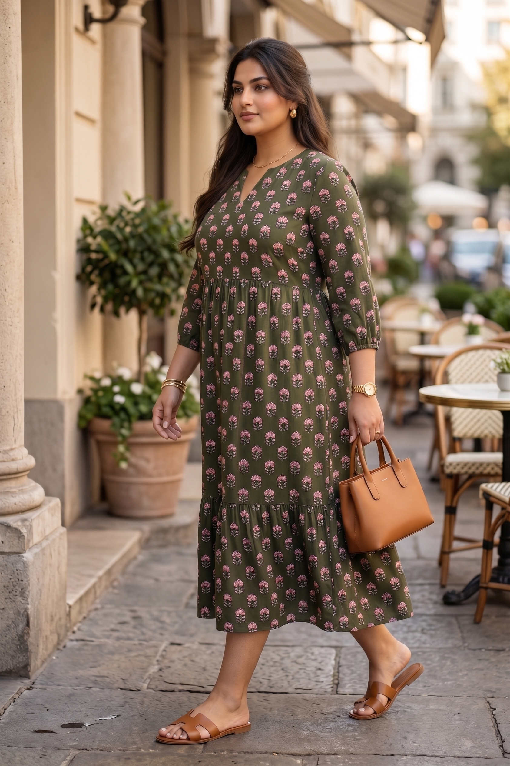 Plus Size Olive Green Floral Printed Cotton Tiered Dress for Women | V-Neck Midi Dress