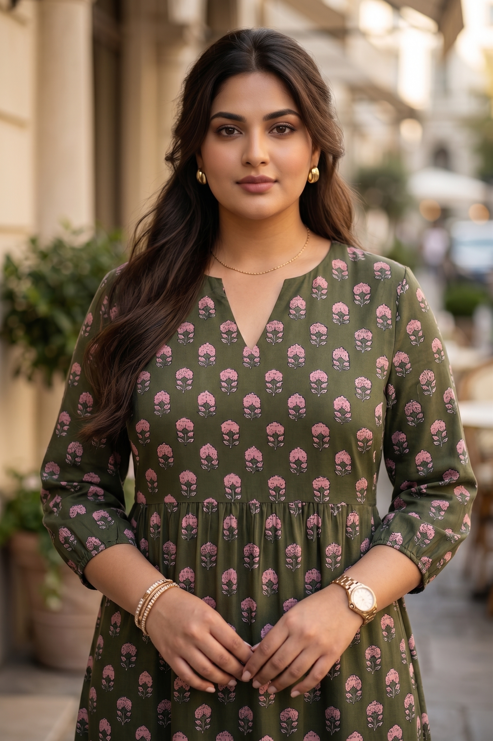 Plus Size Olive Green Floral Printed Cotton Tiered Dress for Women | V-Neck Midi Dress