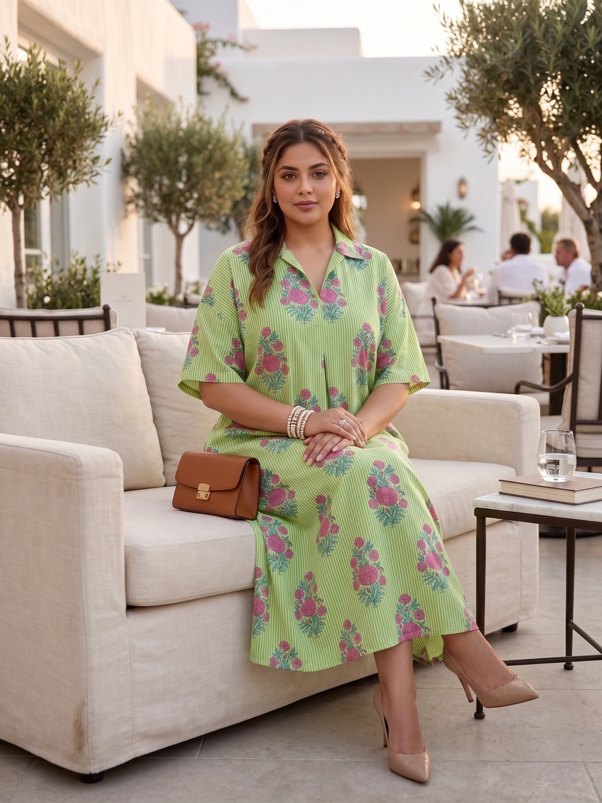 Plus Size Green Floral Printed Cotton Dress for Women | Collared A-Line Midi Dress