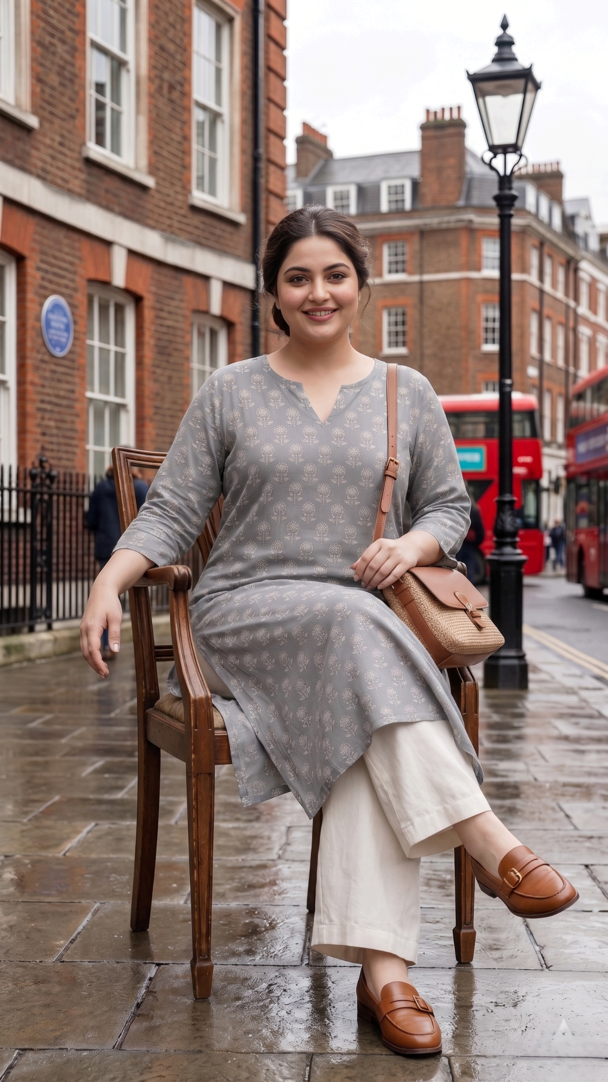 Plus Size Grey Cotton Printed Kurta for Women | Straight Fit Ethnic Kurta with 3/4 Sleeves