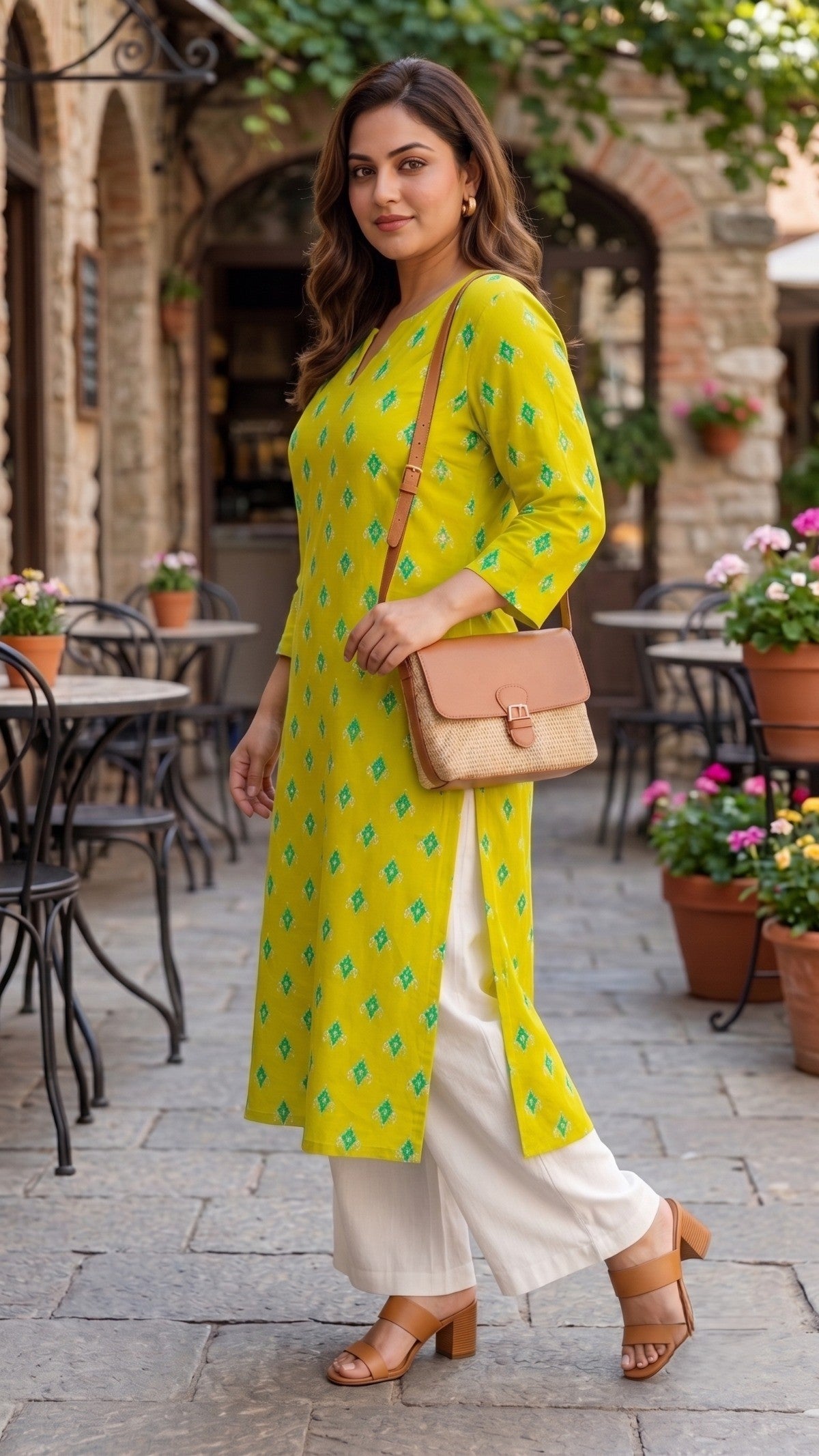 Plus Size Mustard Printed Cotton Kurta for Women | Straight Casual Kurta