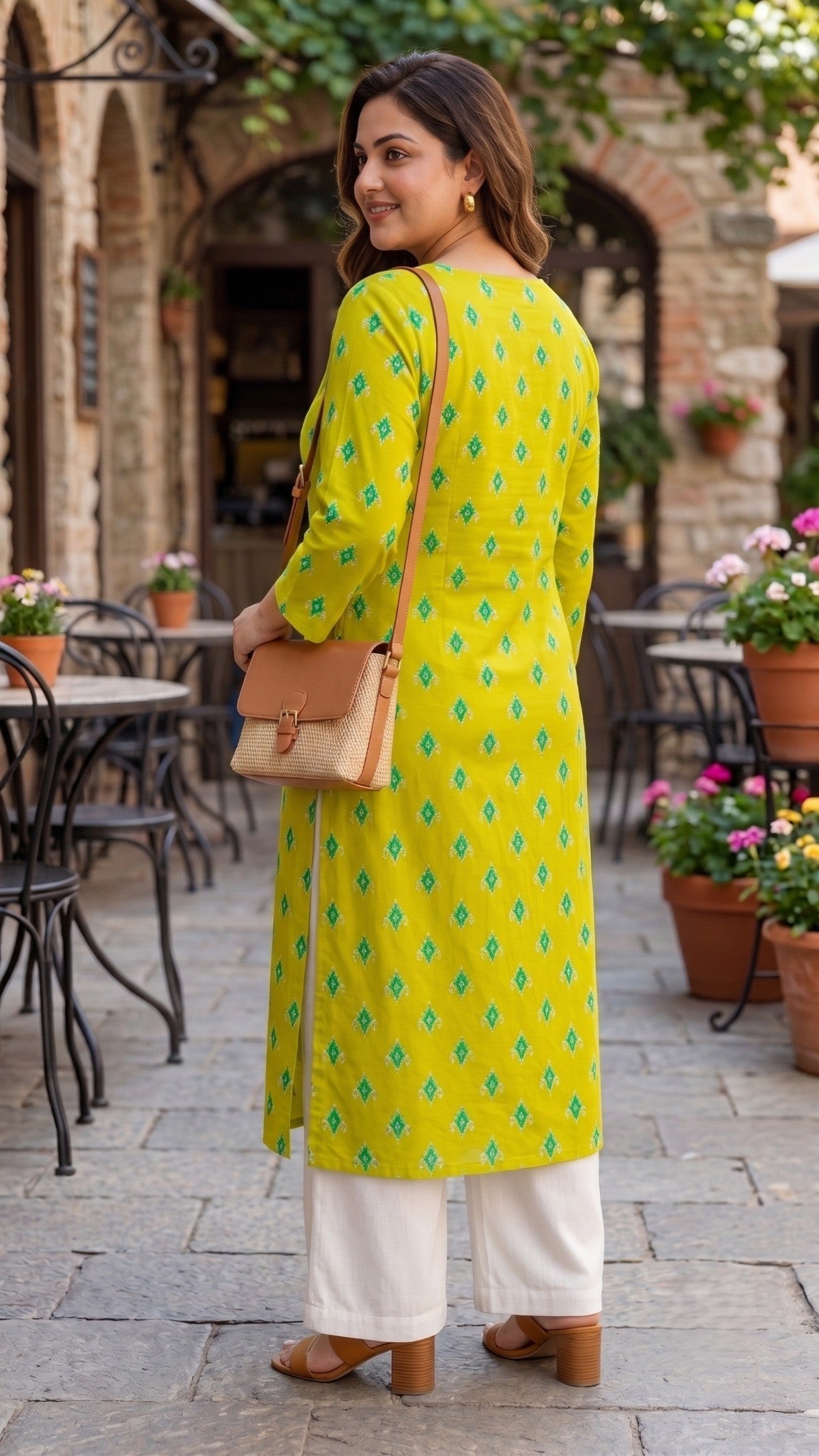 Plus Size Mustard Printed Cotton Kurta for Women | Straight Casual Kurta