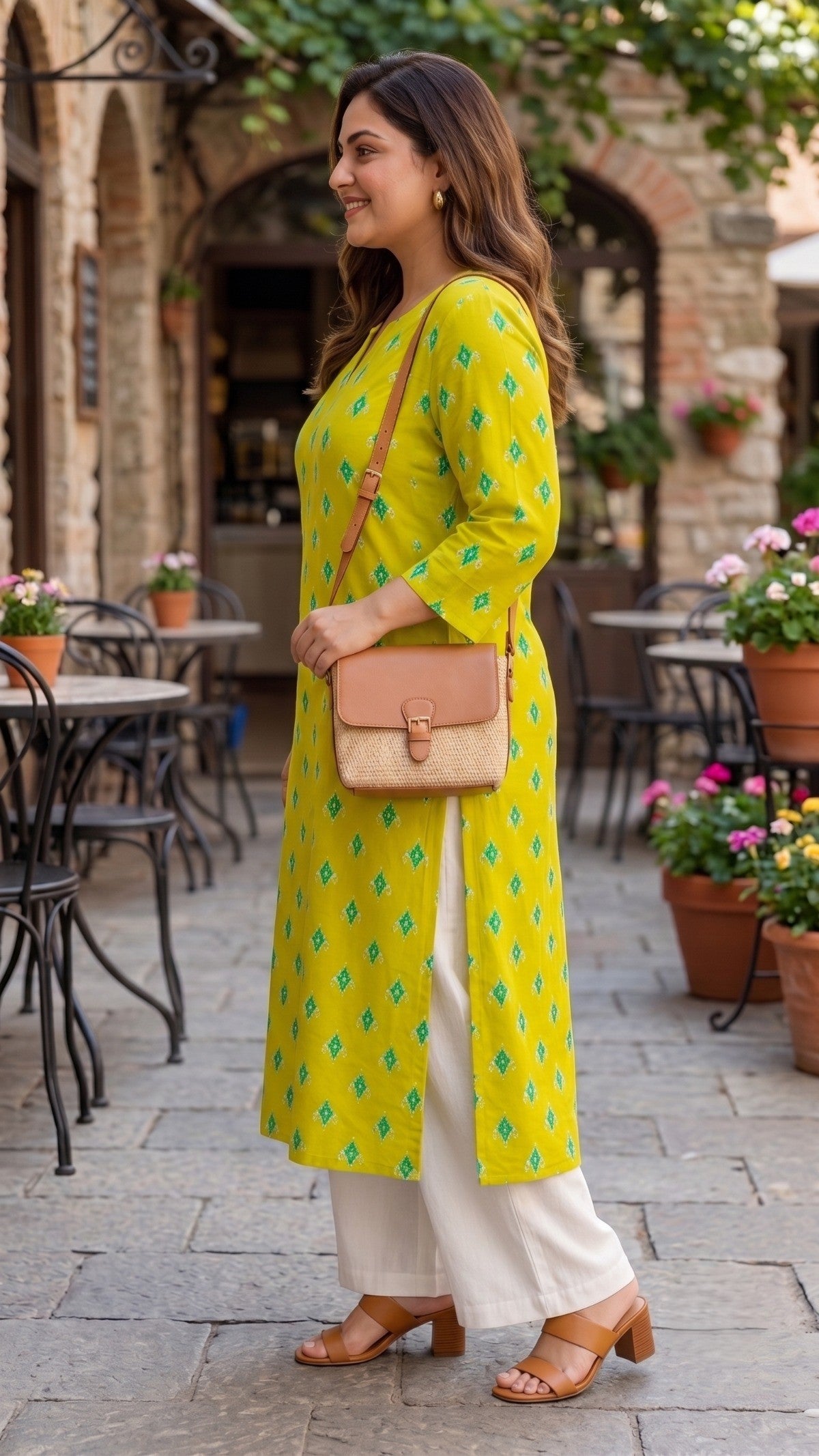 Plus Size Mustard Printed Cotton Kurta for Women | Straight Casual Kurta