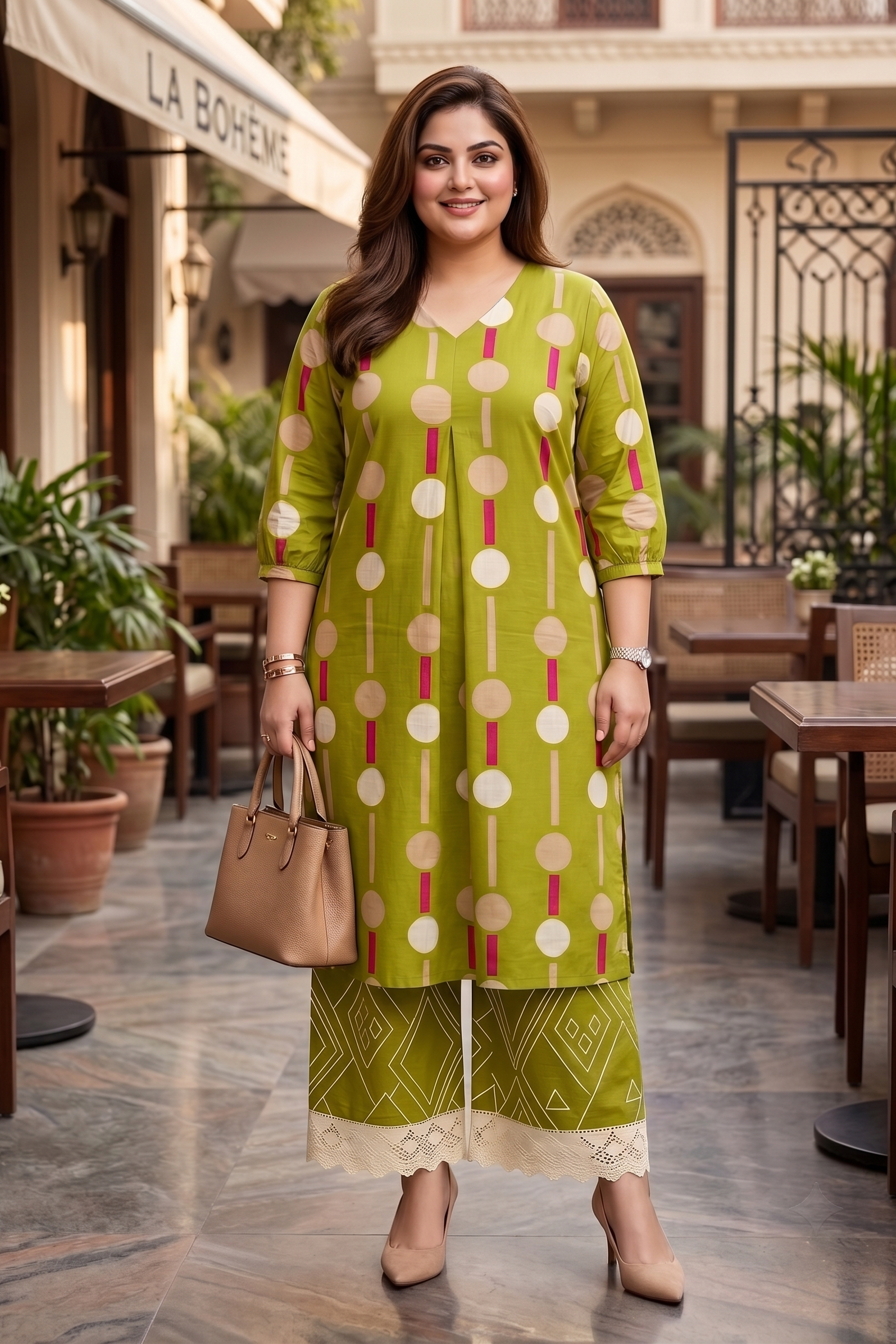 Plus Size Olive Green Cotton Printed Co-ord Set for Women