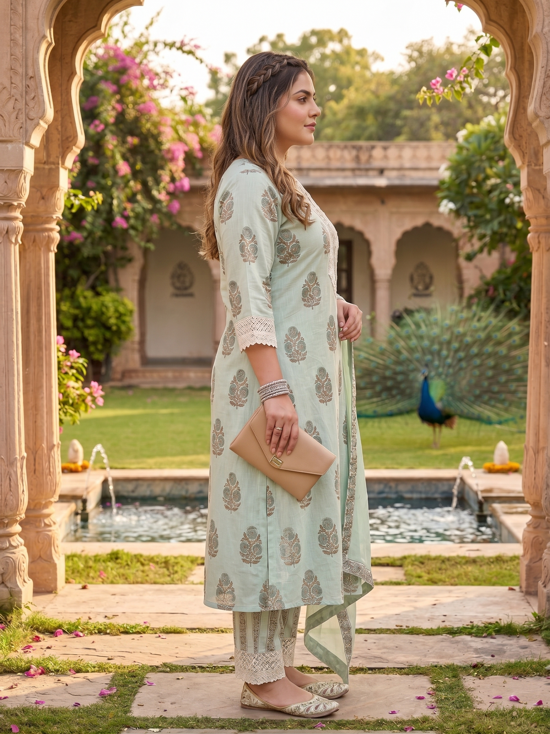 Plus Size Mint Green Floral Printed Cotton Kurta Set with Chiffon Dupatta | Women's Ethnic Suit Set