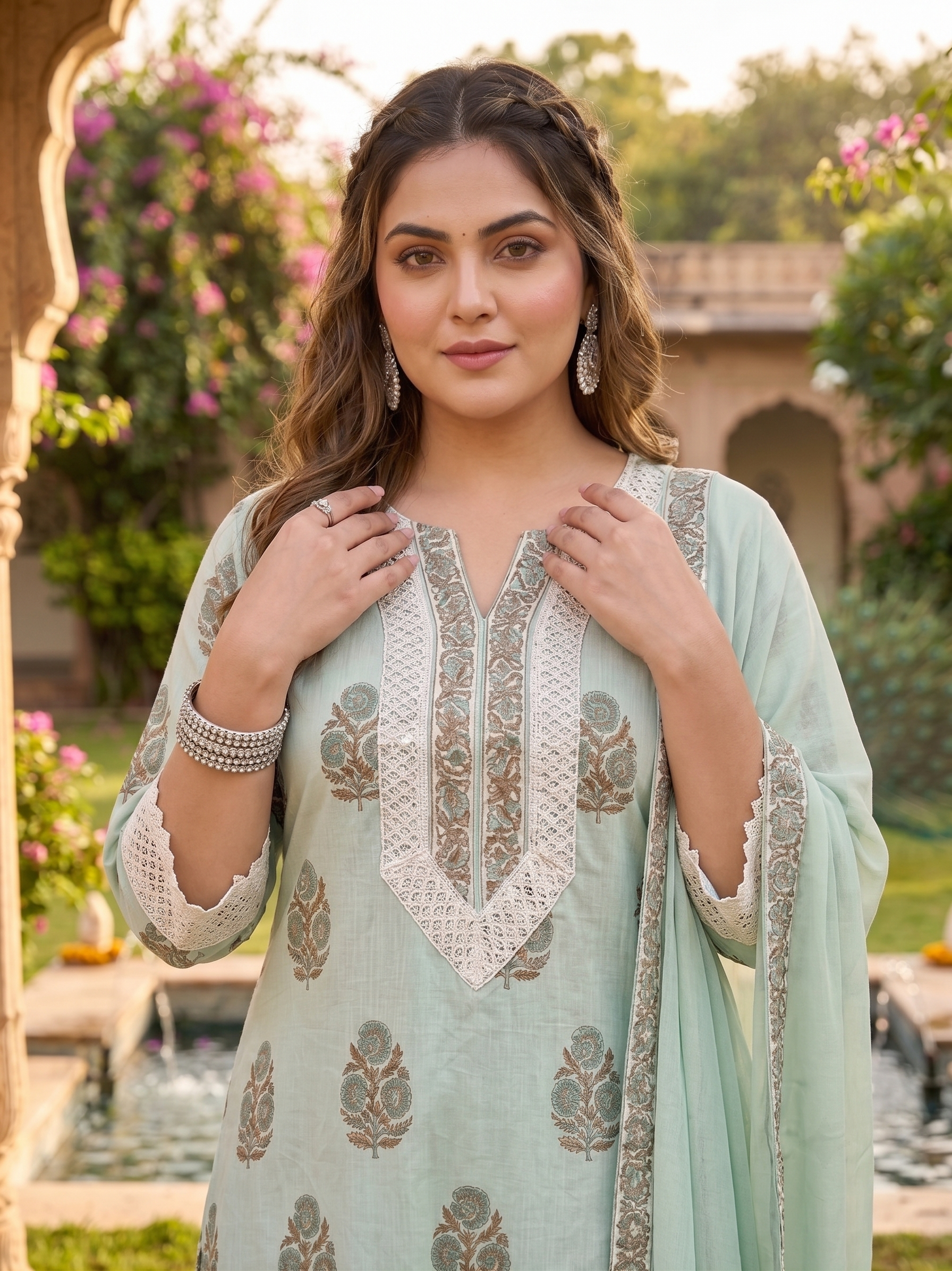 Plus Size Mint Green Floral Printed Cotton Kurta Set with Chiffon Dupatta | Women's Ethnic Suit Set