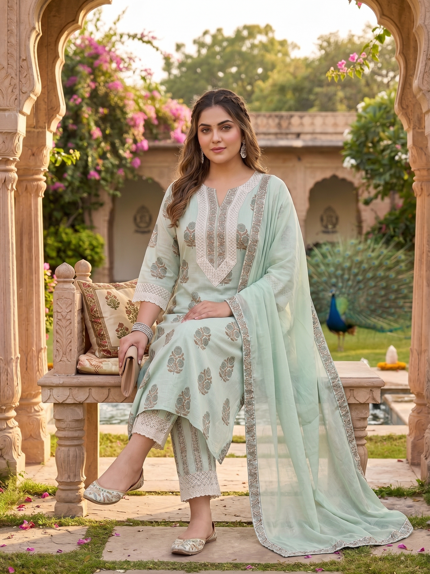 Plus Size Mint Green Floral Printed Cotton Kurta Set with Chiffon Dupatta | Women's Ethnic Suit Set