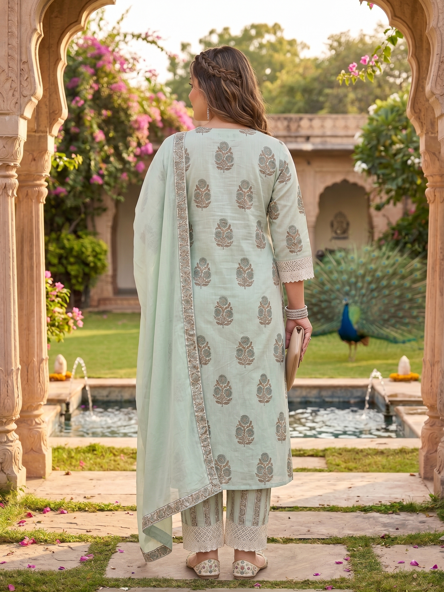 Plus Size Mint Green Floral Printed Cotton Kurta Set with Chiffon Dupatta | Women's Ethnic Suit Set