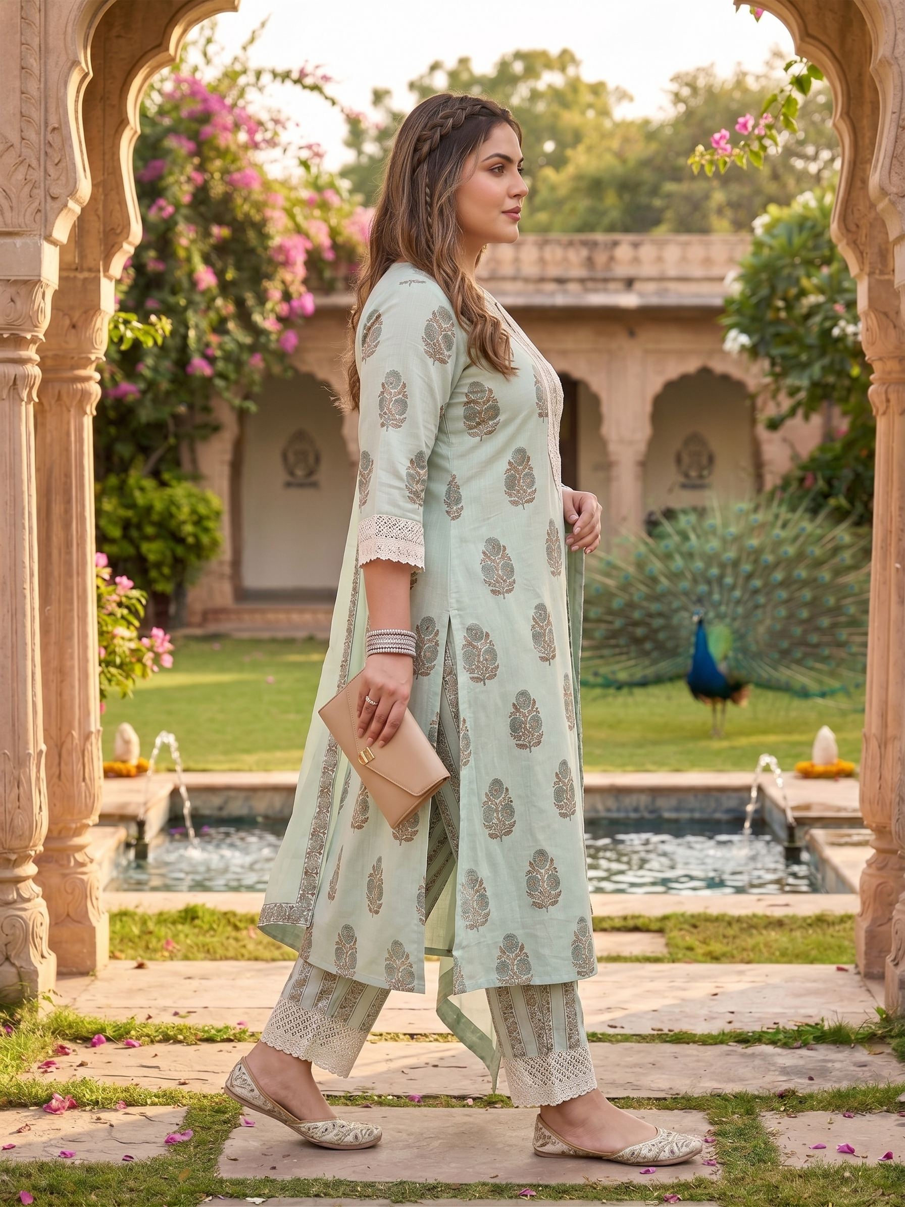 Plus Size Mint Green Floral Printed Cotton Kurta Set with Chiffon Dupatta | Women's Ethnic Suit Set