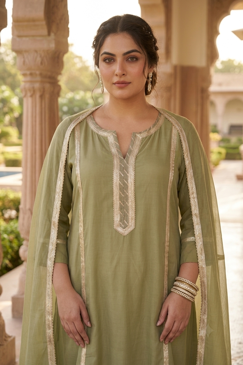 Plus Size Rayon Dupatta Set – Olive Green Kurta, Pant & Dupatta