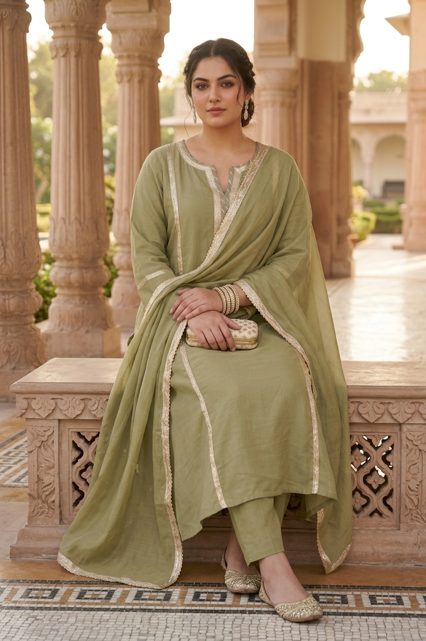 Plus Size Rayon Dupatta Set – Olive Green Kurta, Pant & Dupatta