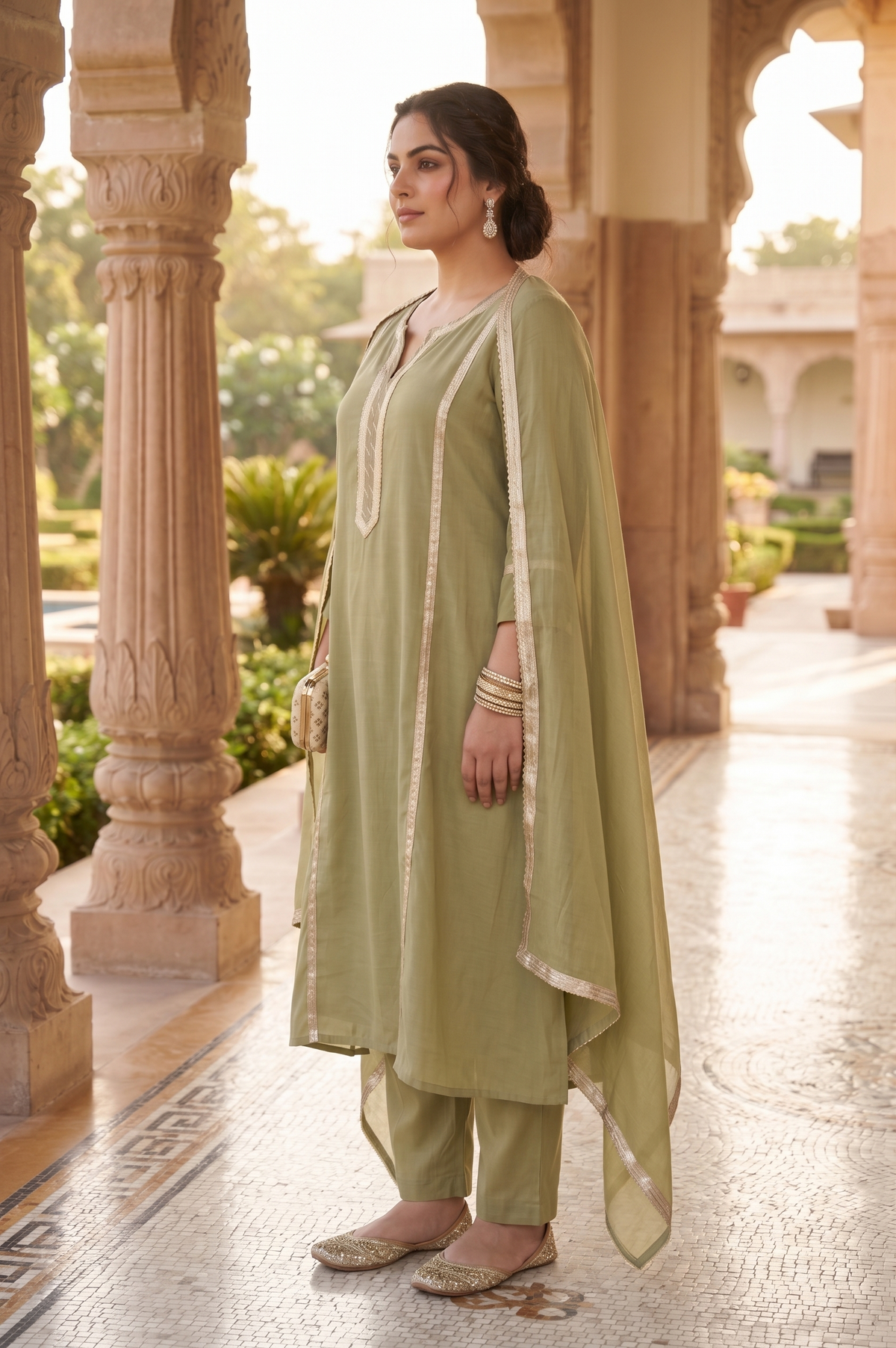 Plus Size Rayon Dupatta Set – Olive Green Kurta, Pant & Dupatta
