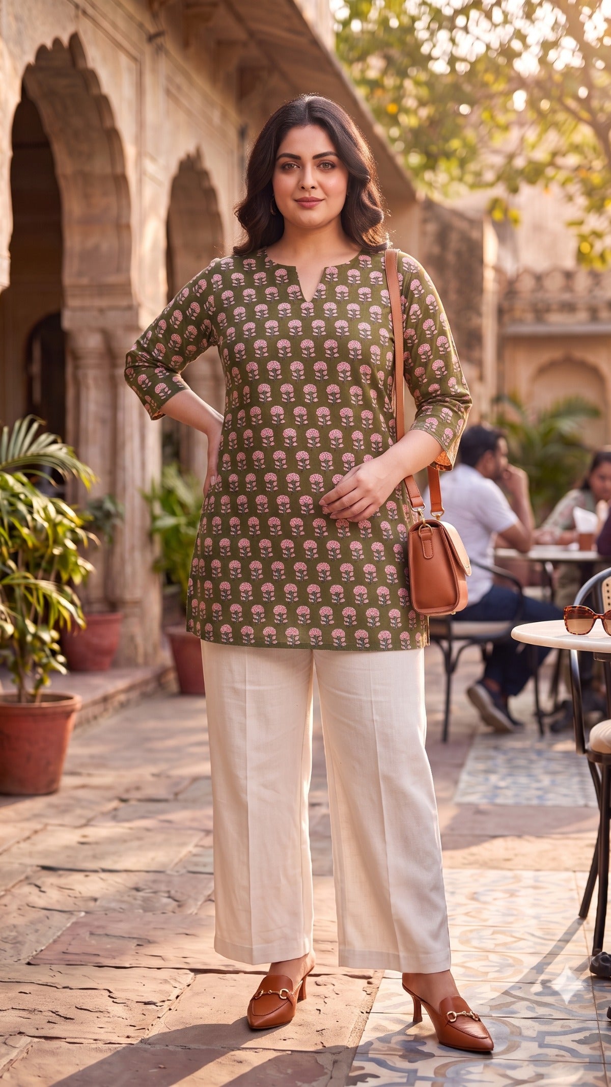 Plus Size Olive Green Printed Cotton Kurti Top for Women | Casual Straight Fit Top