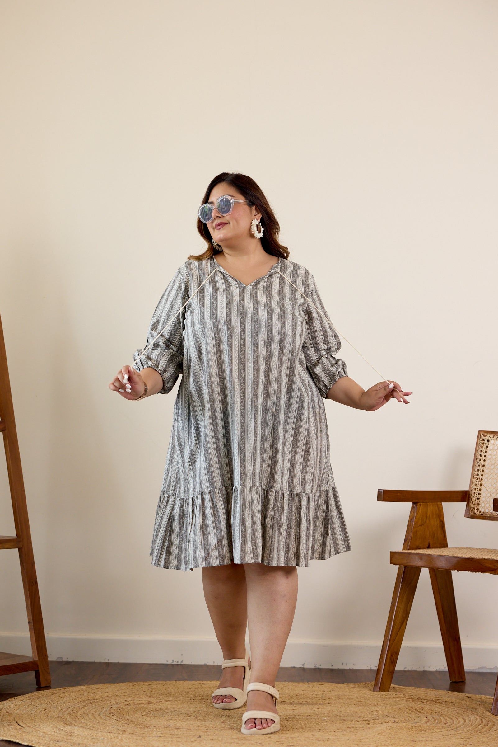 slim fit dress slacks Grey Striped Tiered Midi Dress