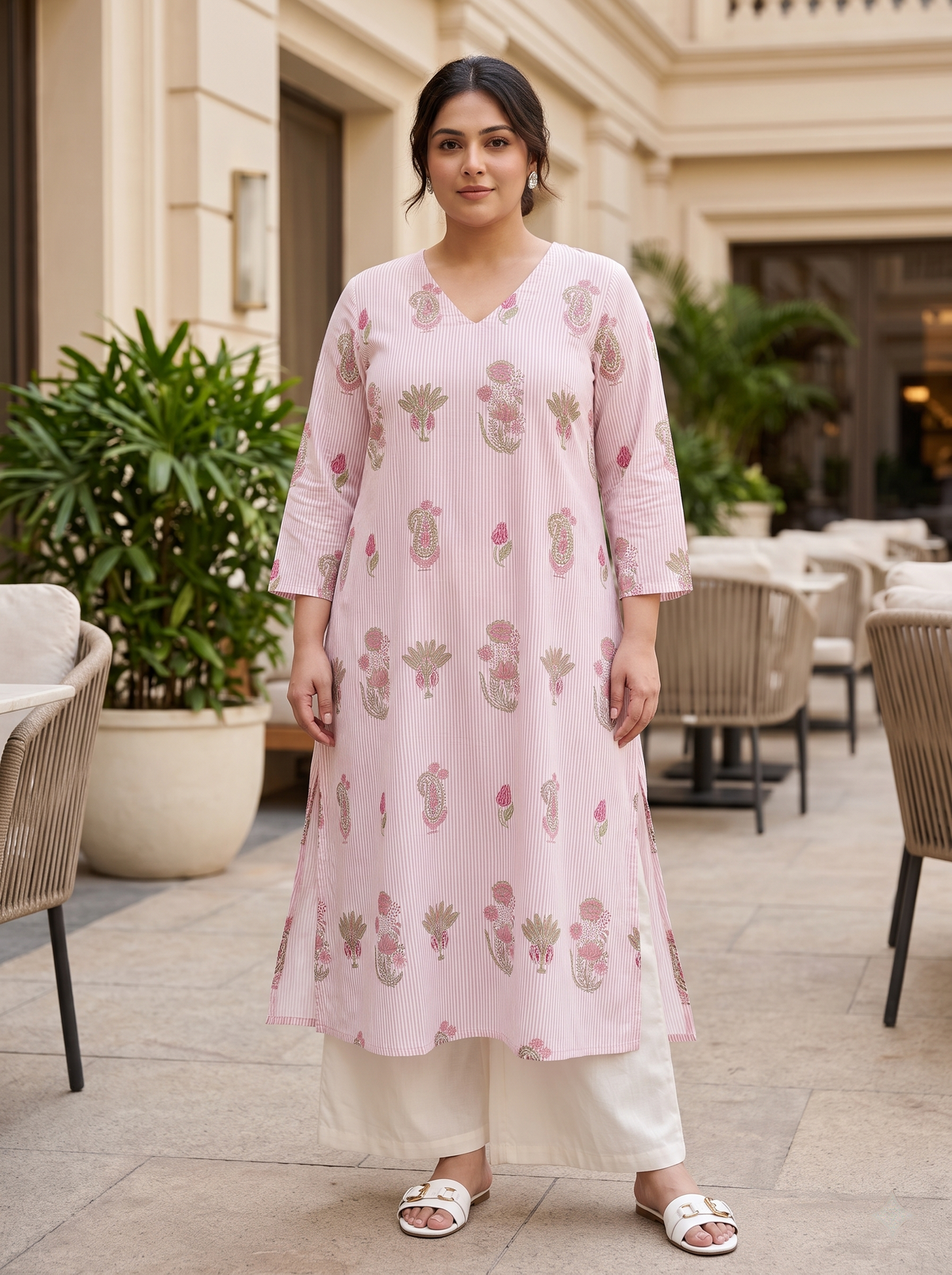 Plus Size Pink Floral Printed 100% Cotton Kurta for Women | V-Neck Straight Fit Kurta