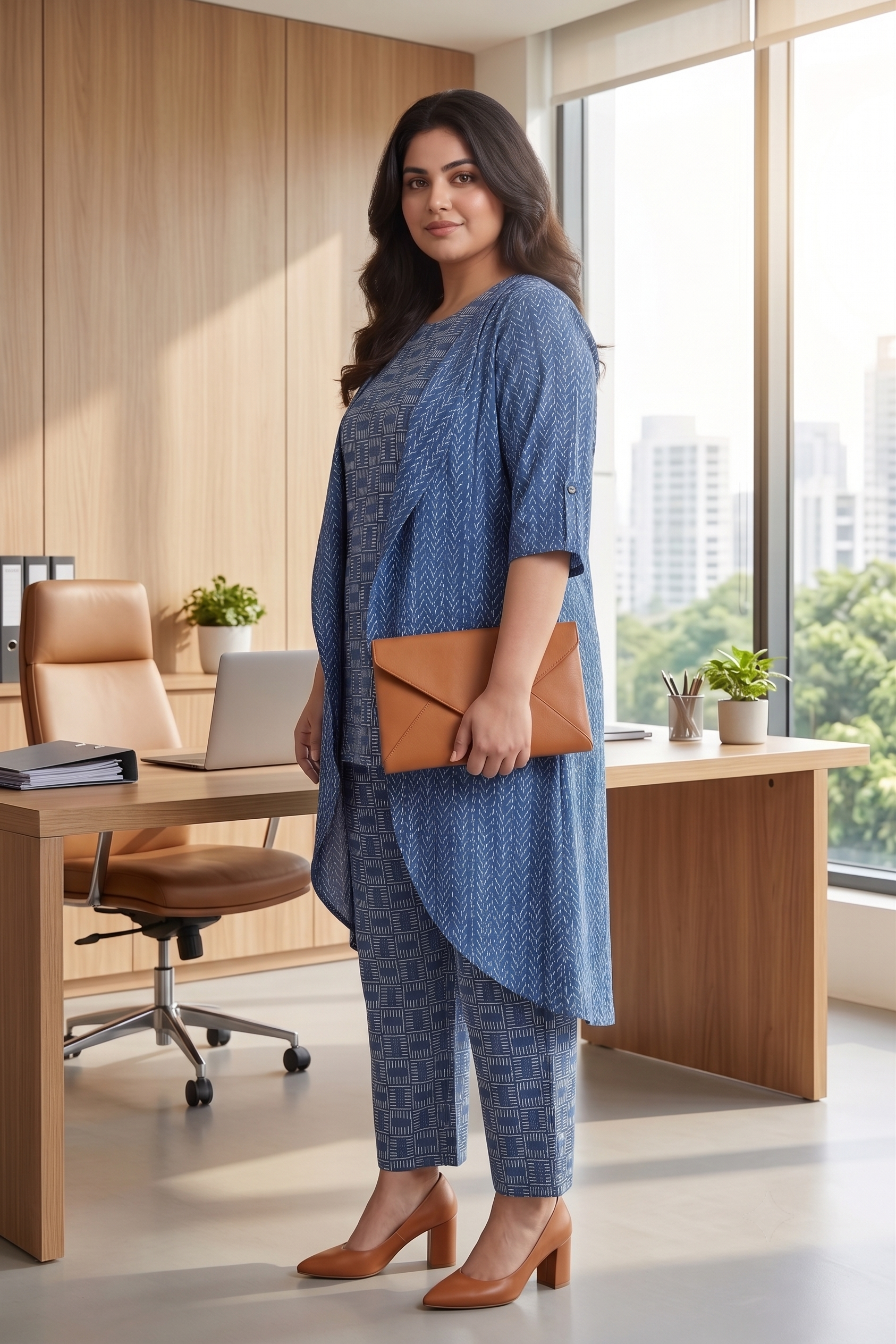 Blue Geometric Cotton Co-Ord Set with Longline Shrug