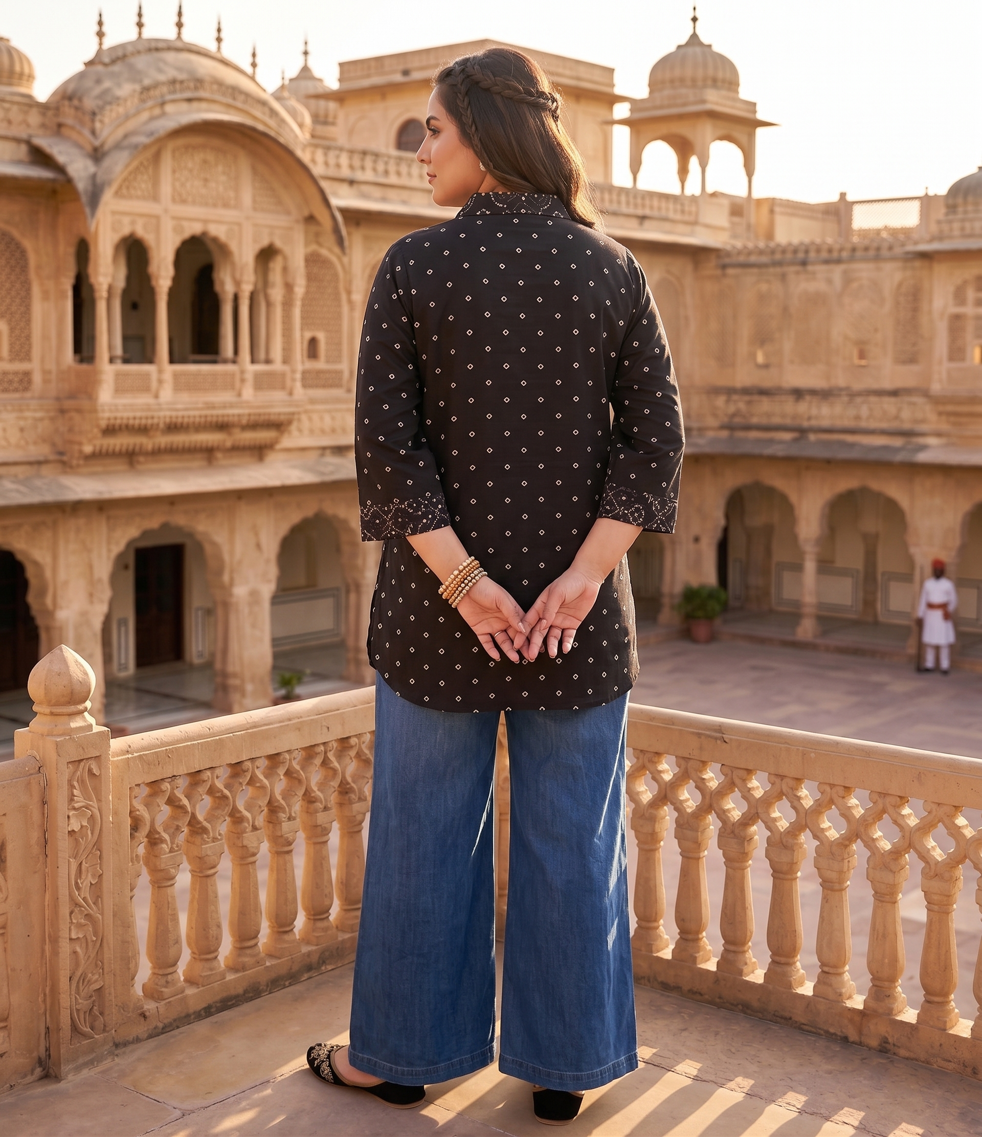Plus Size Black Bandhani Printed Cotton Shirt for Women | Collared Button-Down Casual Shirt