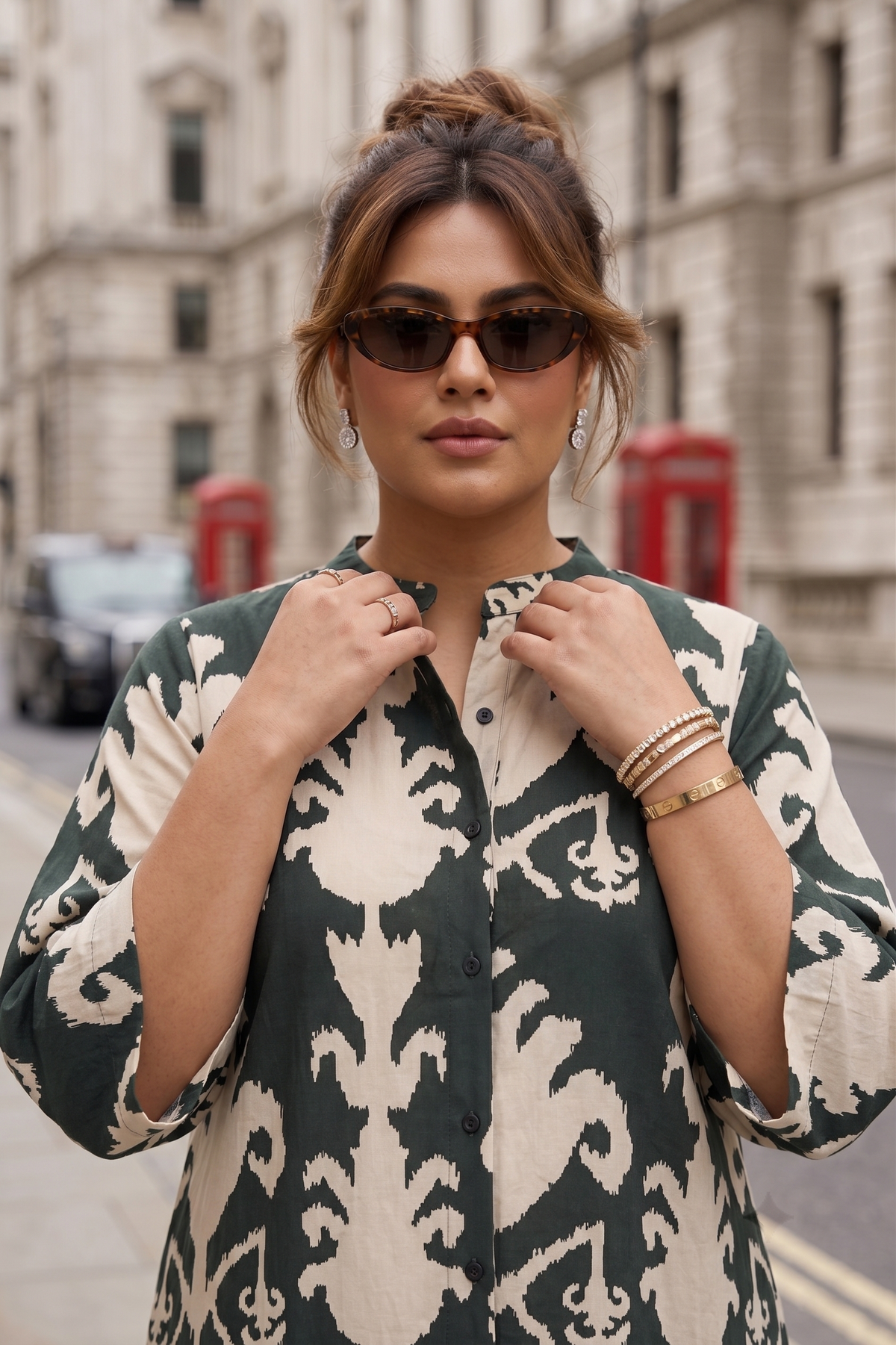 Dark Green Ikat Print 100% Cotton Shirt Dress