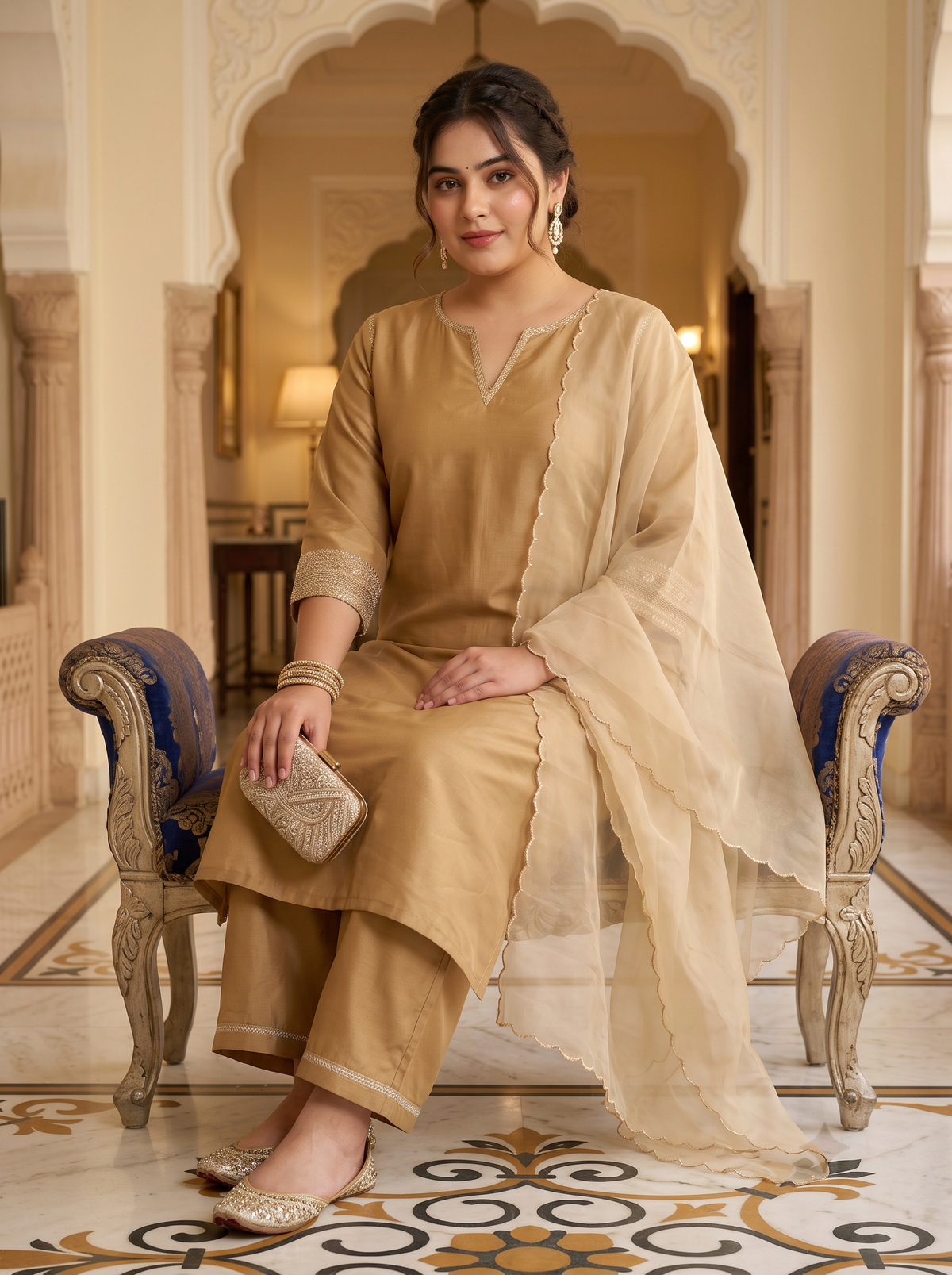 Plus Size Women Elegant Gold Silk Kurta Set - Festive Ethnic Wear with Dupatta