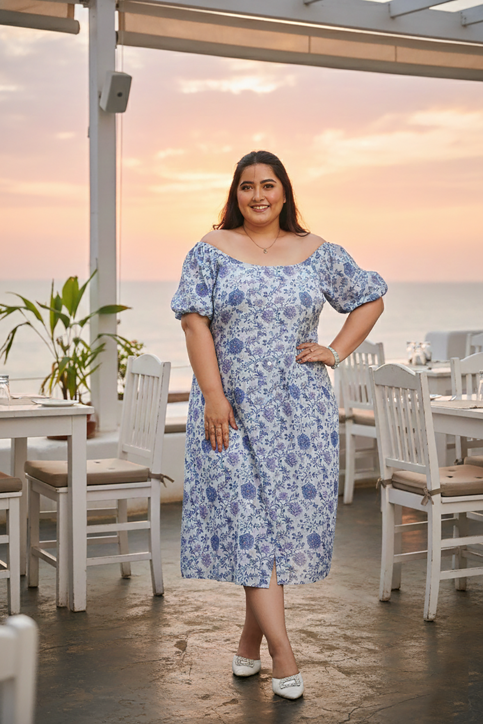 Ice Blue Gaga Printed Cotton Dress