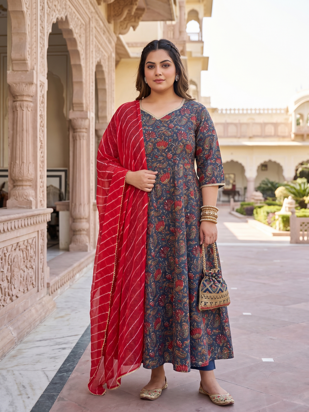 Blue Cotton Floral Print Anarkali Suit Set - ( Set of 3)