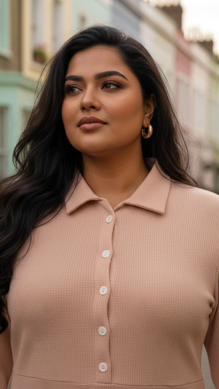 Plus Size Mini Waffle Collared Button Detail Knit Midi Dress