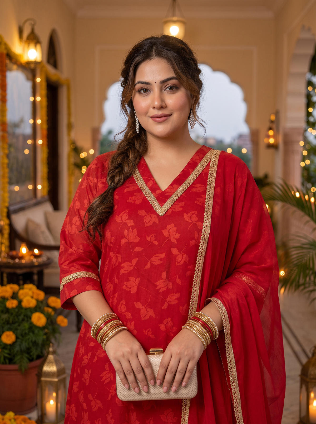 Radiant Red Cotton Cambric Festive Kurta Pant Set with Dupatta (Set Of 3)