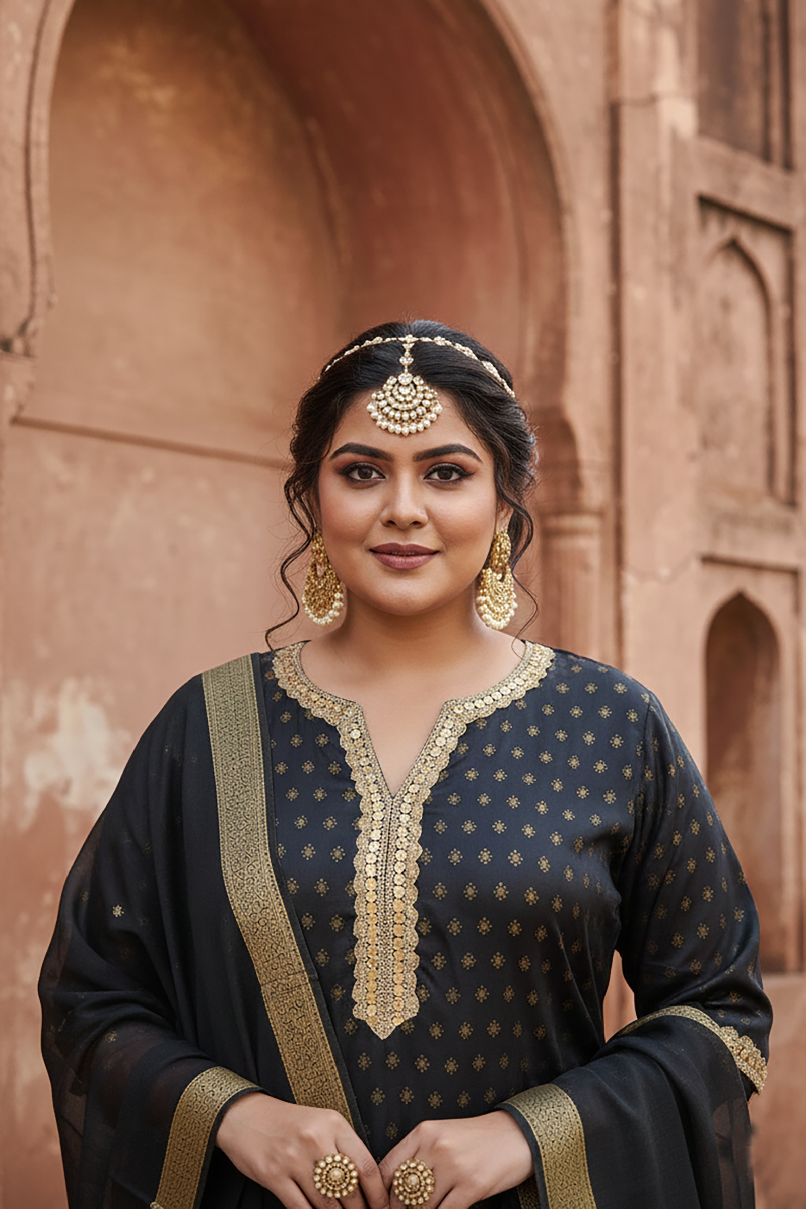 Plus Size Black & Gold Festive Benarasi Kurta Set with Chanderi Dupatta(Set of 3)